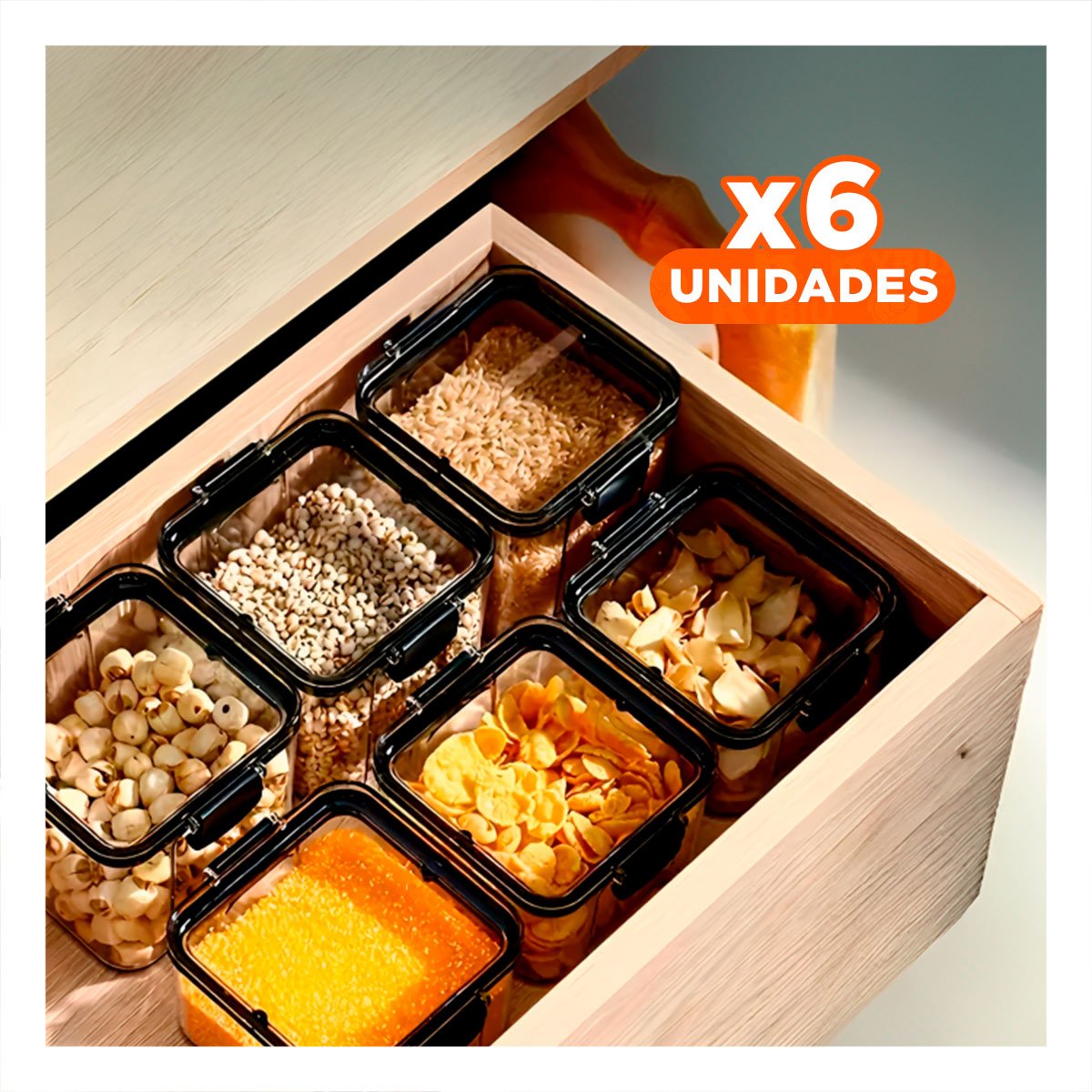 PACK6 RECIPIENTE ACRILICO MANTENER PRODUCTOS SECOS FRESCOS TAPA BORDE NEGRO SET 6 - 1