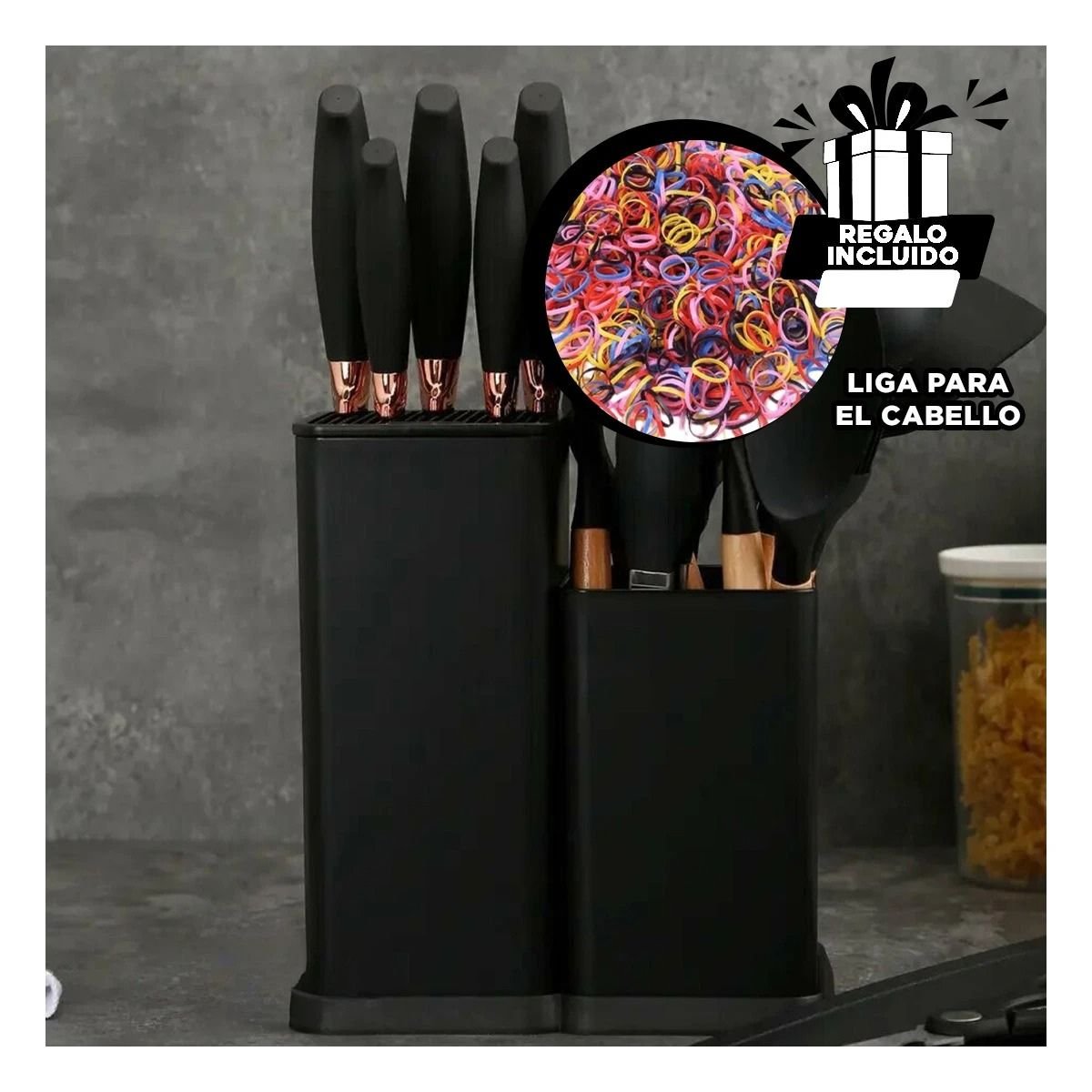 SET COCINA CON TABLA INCLUIDA 18 PIEZAS EN ACERO INOXIDABLE NEGRO Y+LIGAS REGALO - 2