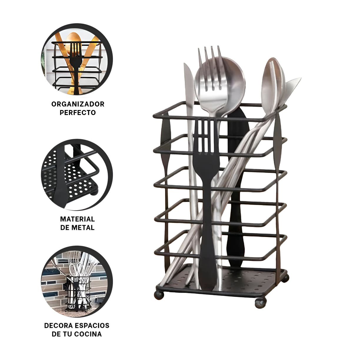 ORGANIZADOR RECTANGULAR DE COCINA PARA CUBIERTOS EN METAL NEGRO DE ESTILO ACTUAL Y+POST IT - 5