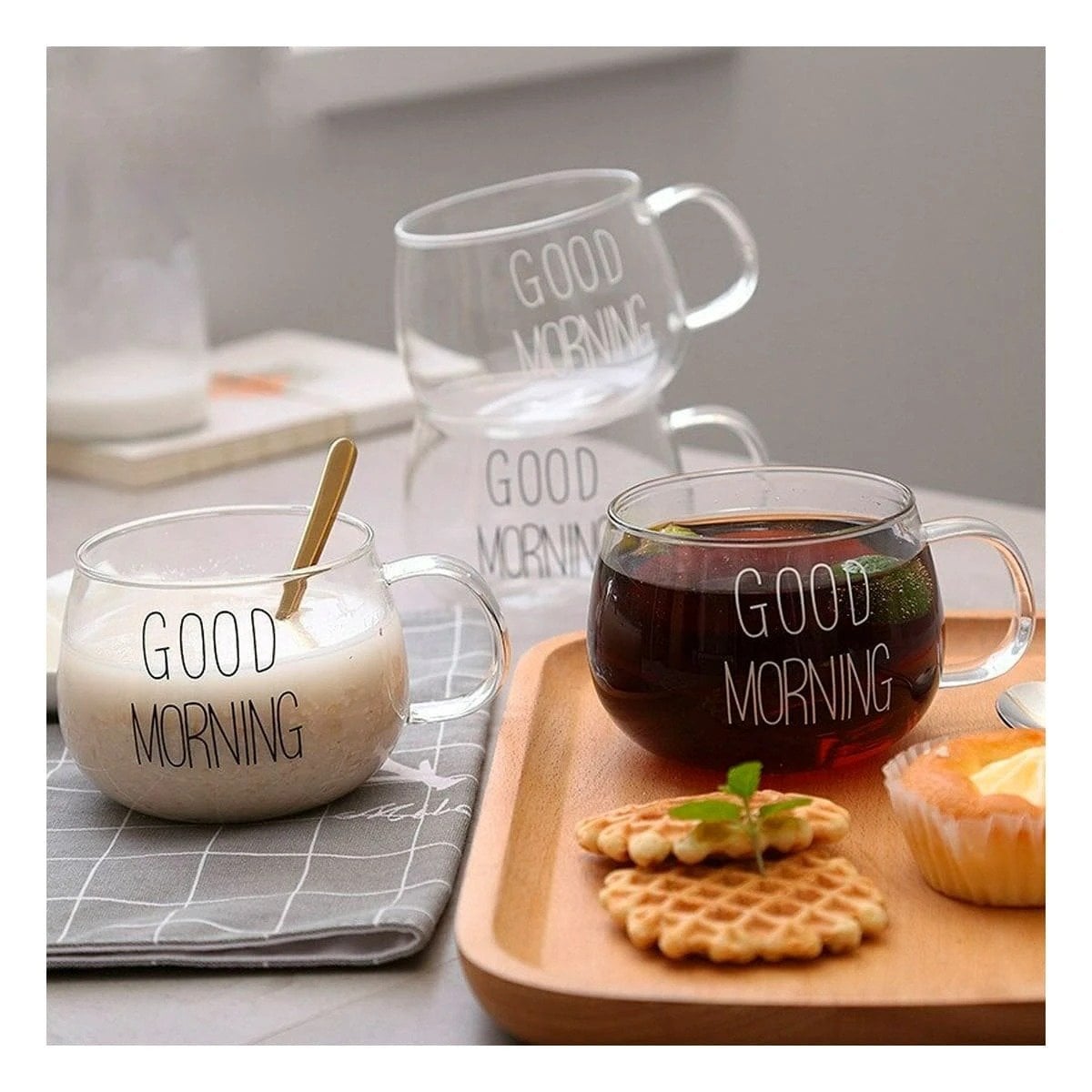 PACK12 VASO CON MENSAJE GOOD MORNING 350 ML VIDRIO TRANSPARENTE Y+PAPEL REGALO - 5