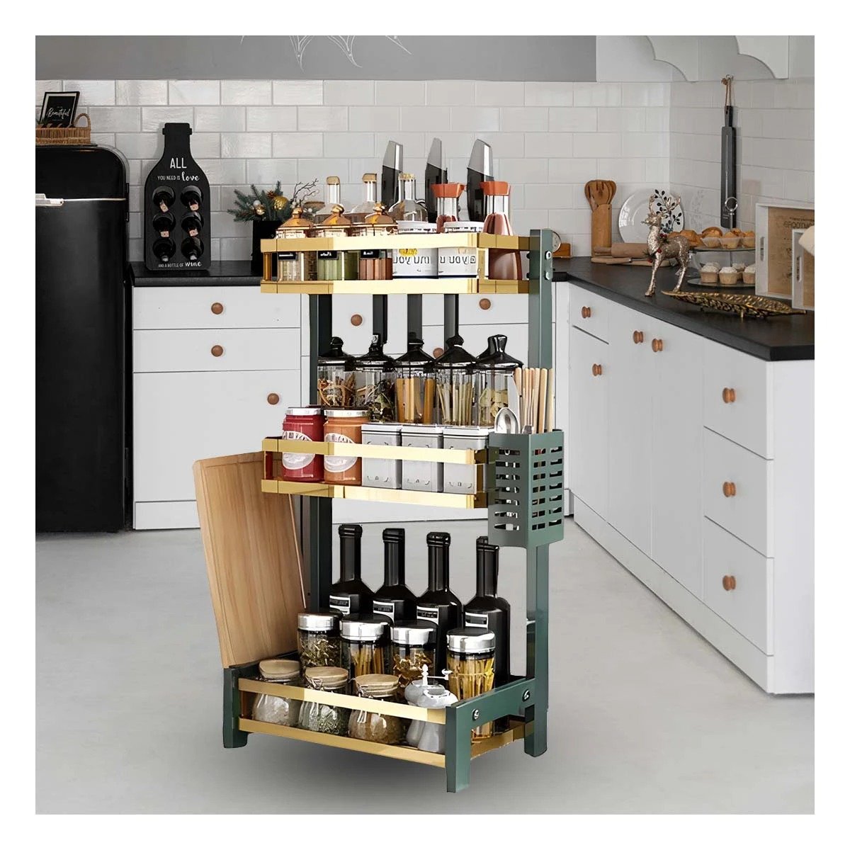 ORGANIZADOR DE 3 NIVELES EN VERDE DORADO PARA ORDENAR CONDIMENTOS EN COCINA Y+PAPEL REGALO - 2