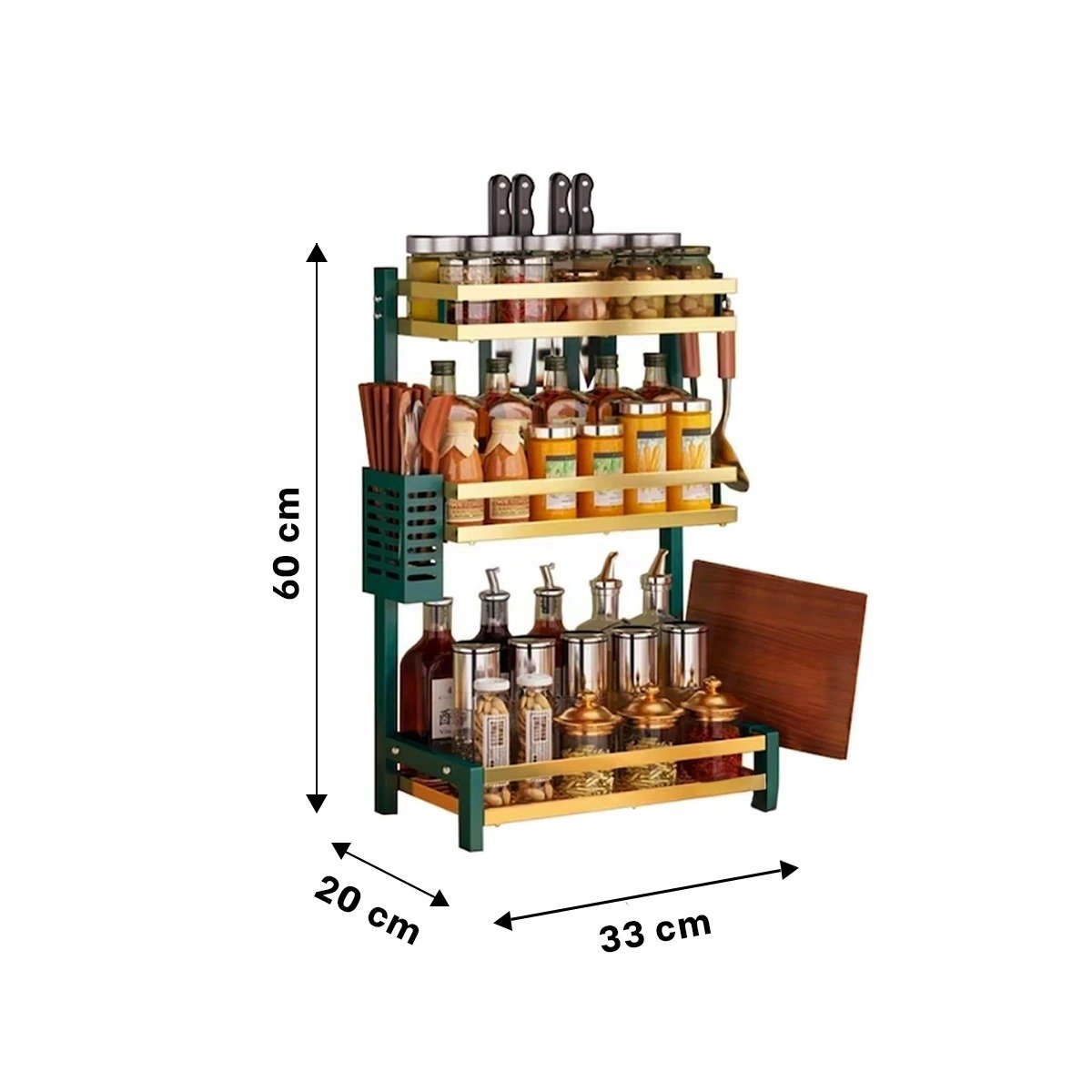 ORGANIZADOR DE 3 NIVELES EN VERDE DORADO PARA ORDENAR CONDIMENTOS EN COCINA Y+PAPEL REGALO - 4
