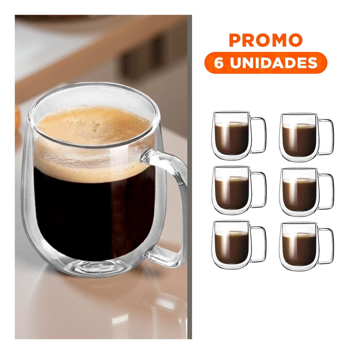 PACK6 VASO CON ESPRESSO DOBLE CAPA 100 ML EN COLOR TRANSPARENTE ASA CUADRADA Y+REGALO STICKER - 1