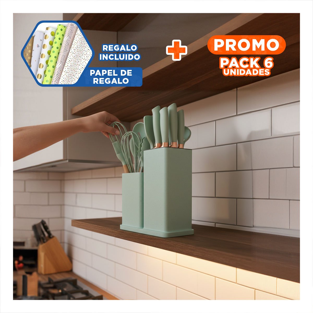PACK6 EQUIPO ACERO INOXIDABLE 18 PIEZAS PARA COCINA PROFESIONAL VERDE Y+PAPEL REGALO - 1
