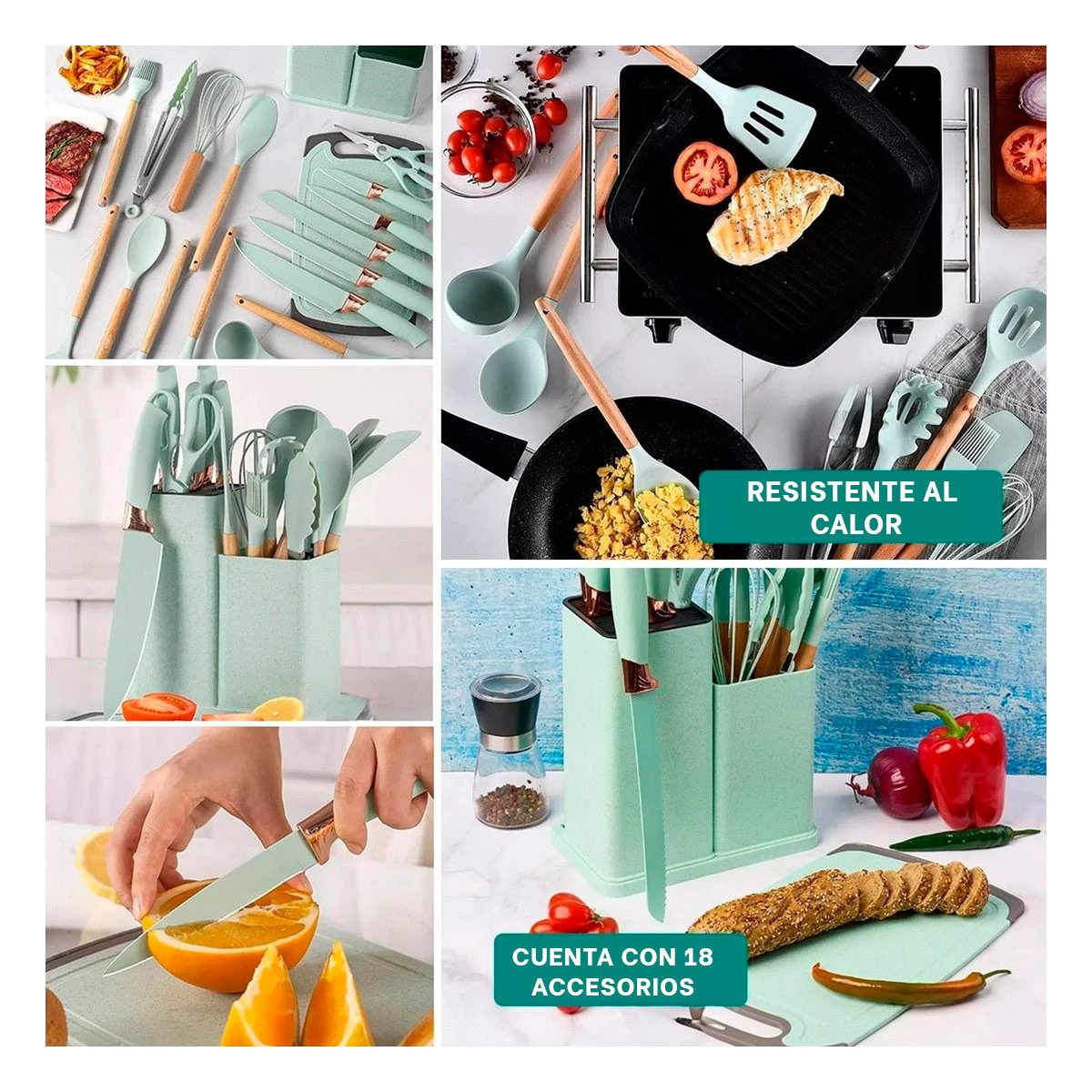 PACK6 EQUIPO ACERO INOXIDABLE 18 PIEZAS PARA COCINA PROFESIONAL VERDE Y+PAPEL REGALO - 3
