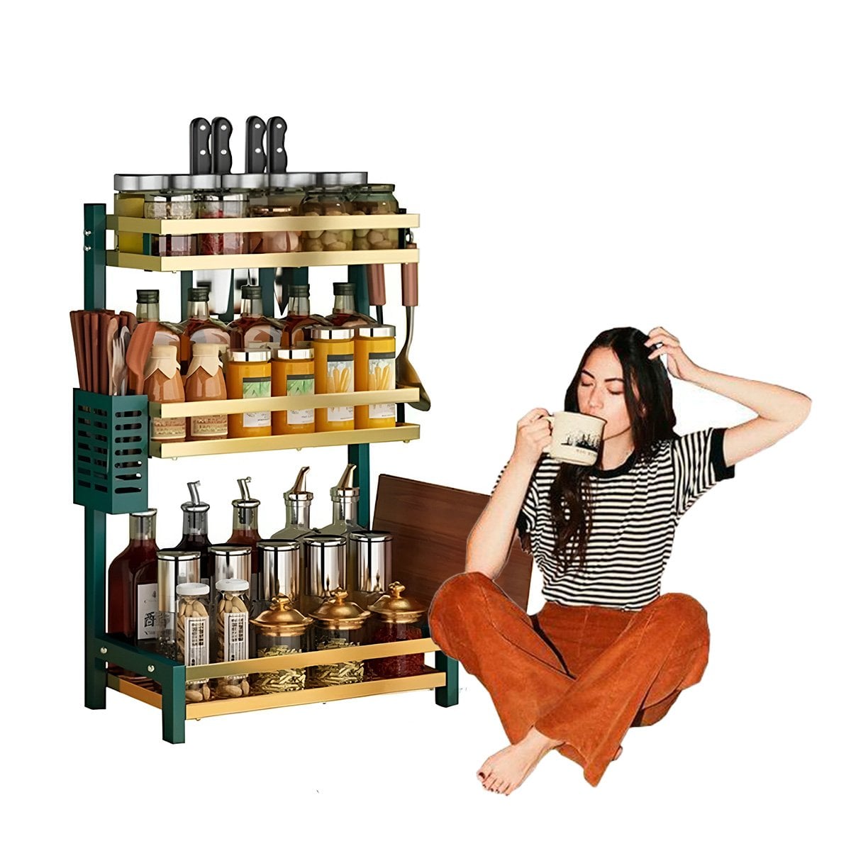 ORGANIZADOR METALICO VERDE DORADO CON 3 NIVELES PARA FRASCOS Y CONDIMENTOS Y+REGALO STICKER - 1