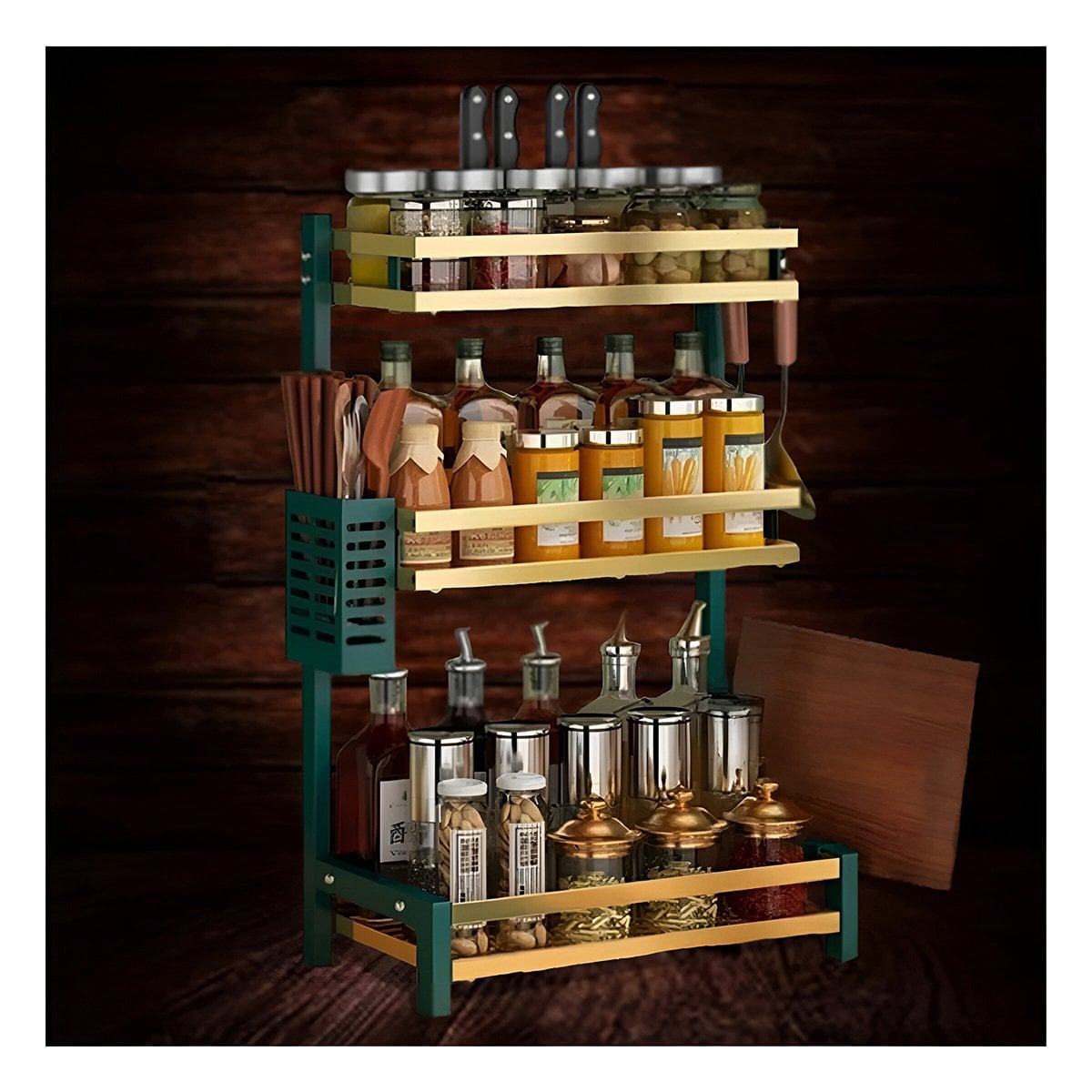 ORGANIZADOR METALICO VERDE DORADO CON 3 NIVELES PARA FRASCOS Y CONDIMENTOS Y+REGALO STICKER - 3