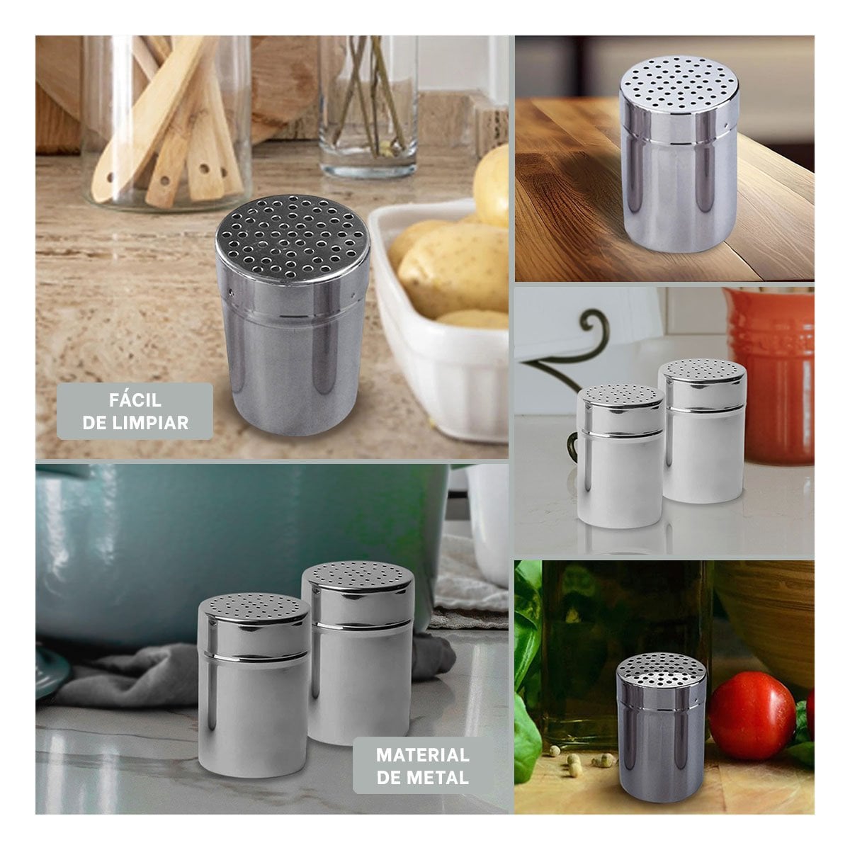 SALERO DE METAL PARA MESA Y COCINA CON MEDIDAS 6.5CMX6.5CMX9 CM DE FORMATO COMPACTO - 2