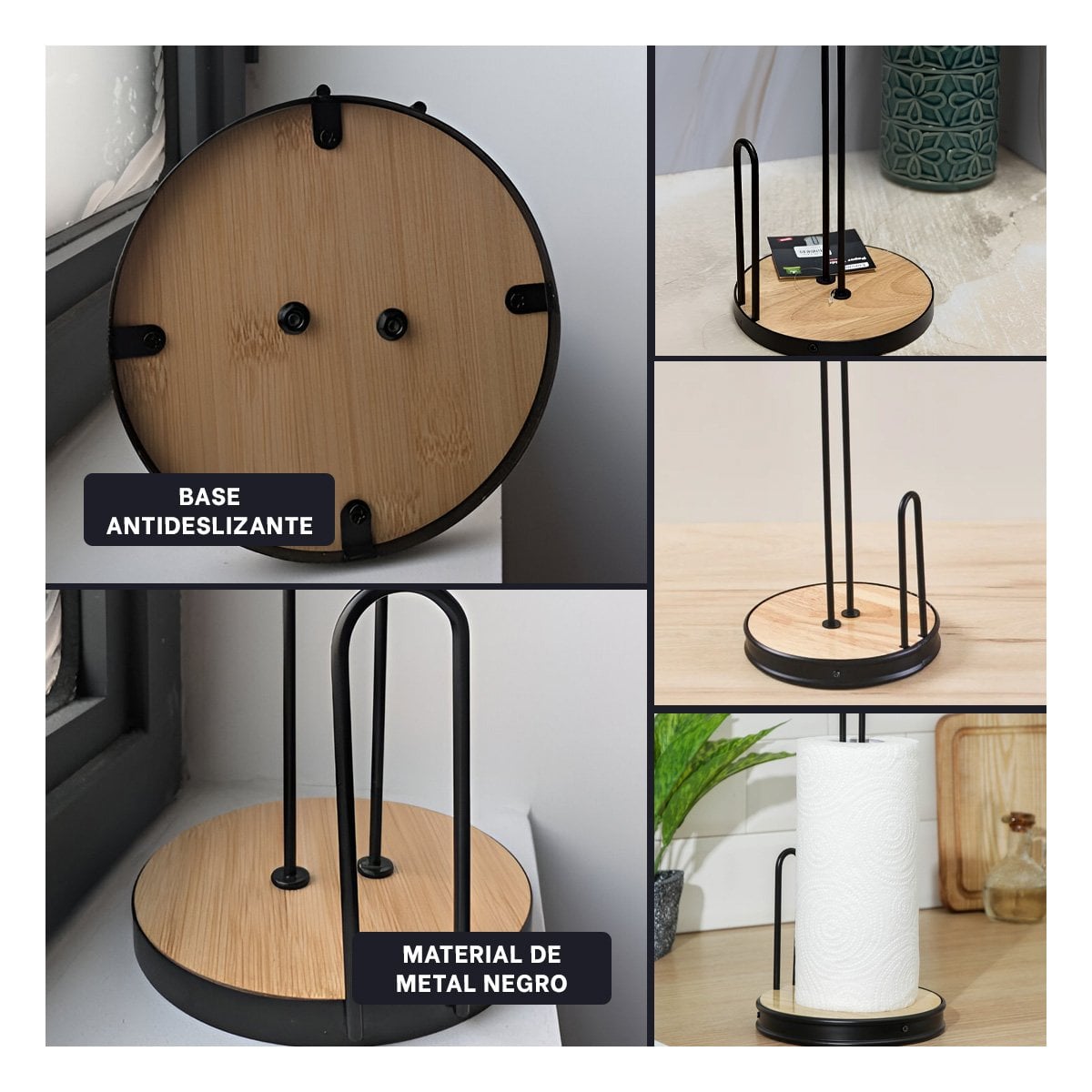 PACK4 ORGANIZADOR NEGRO DE PAPEL TOALLA CON BASE CIRCULAR Y DOBLE PALO YREGALO STICKER - 2