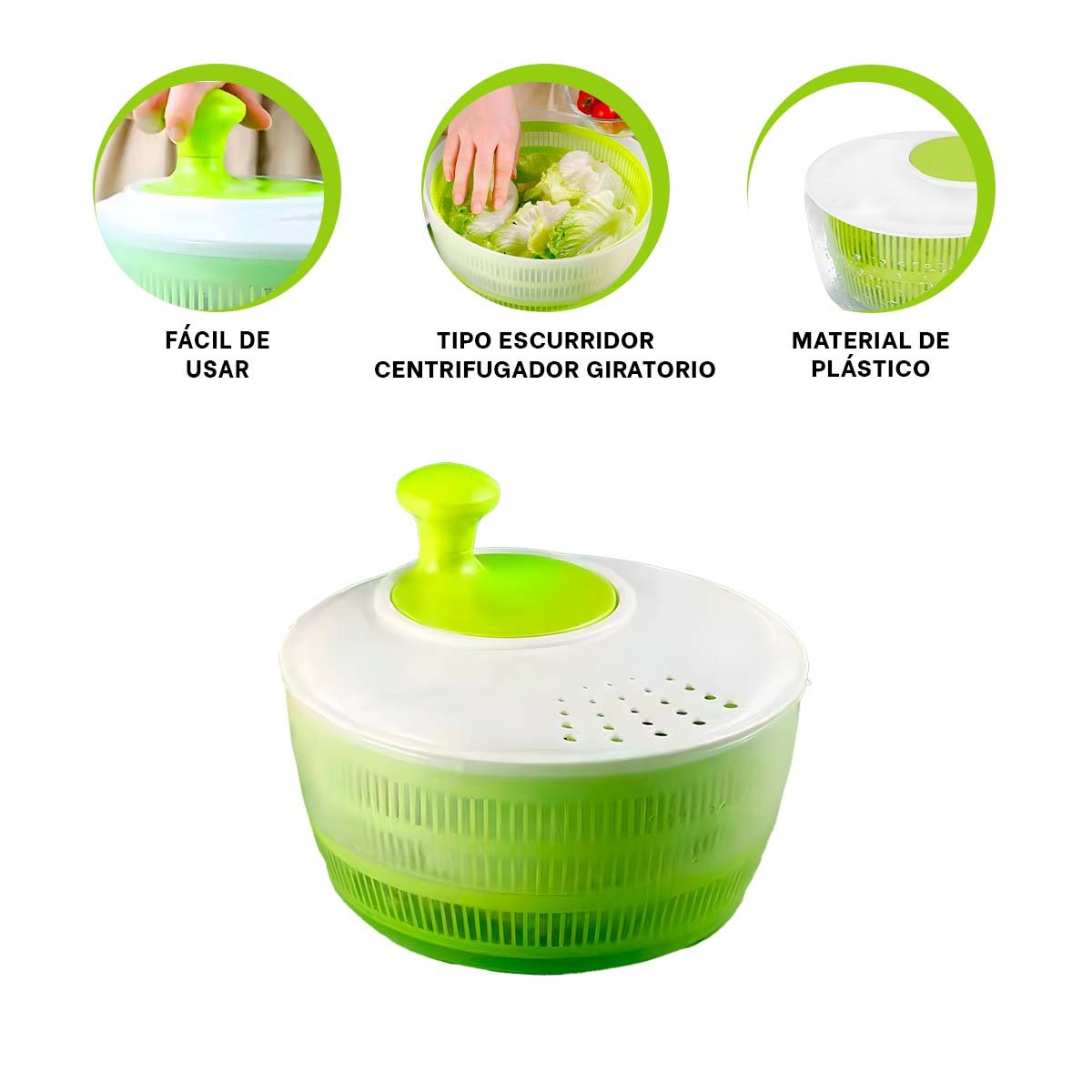 ESCURRIDOR CENTRIFUGADOR GIRATORIO VERDE Y BLANCO FACIL DE USAR Y DURADERO Y+PAPEL REGALO - 5