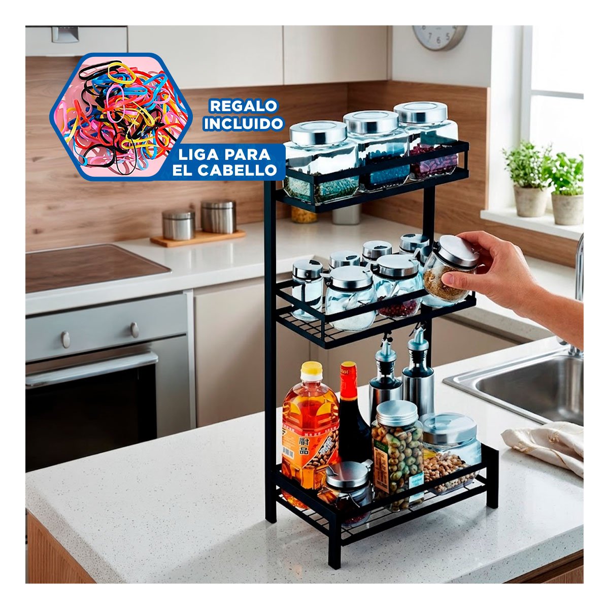 RACK DE ALMACENAMIENTO NEGRO EN ACERO INOXIDABLE CON ESTRUCTURA DE 3 NIVELES Y+LIGAS REGALO - 2
