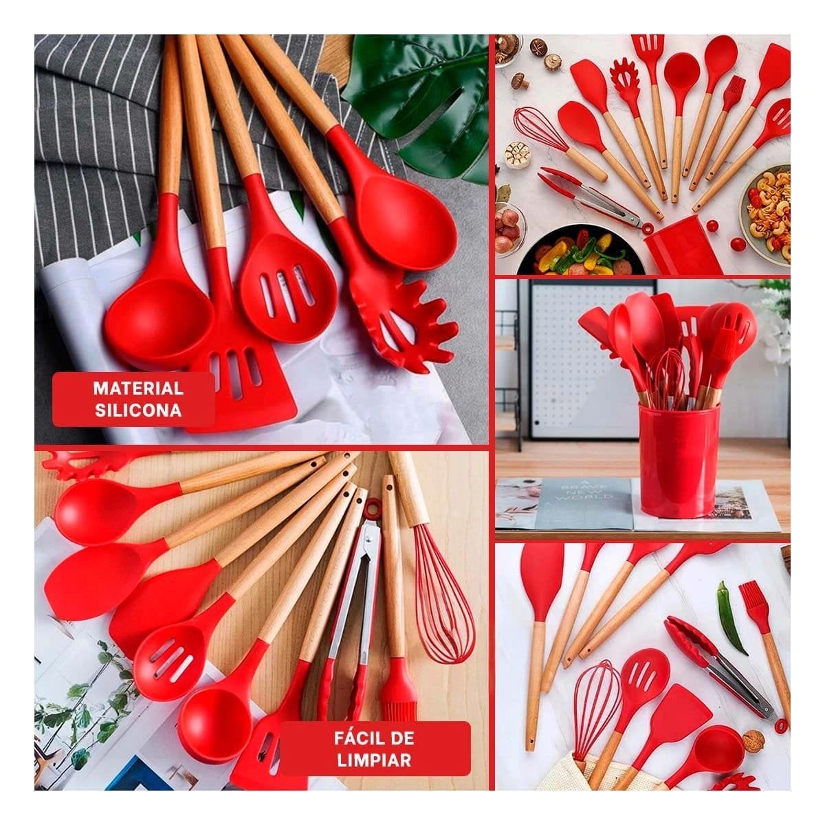 PACK6 KIT 12 PIEZAS DE UTENSILIOS EN SILICONA COLOR ROJO PARA COCINA FUNCIONAL Y+PAPEL REGALO - 3