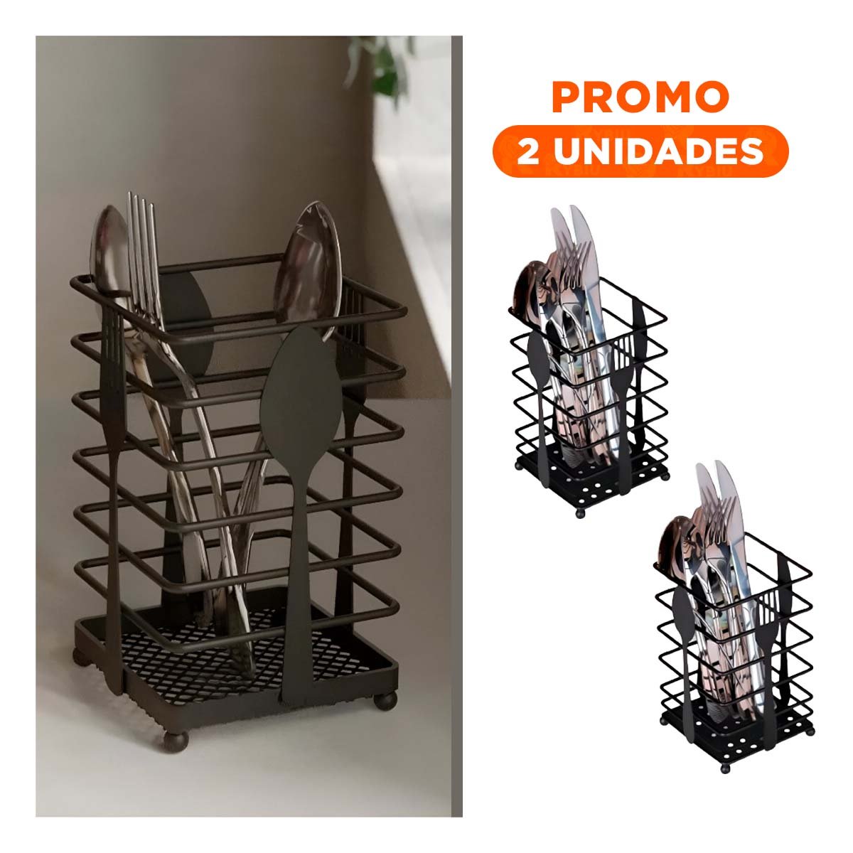 PACK2 SOPORTE DE CUBIERTOS RECTANGULAR METAL NEGRO PARA COCINA FAMILIAR Y+REGALO STICKER - 1