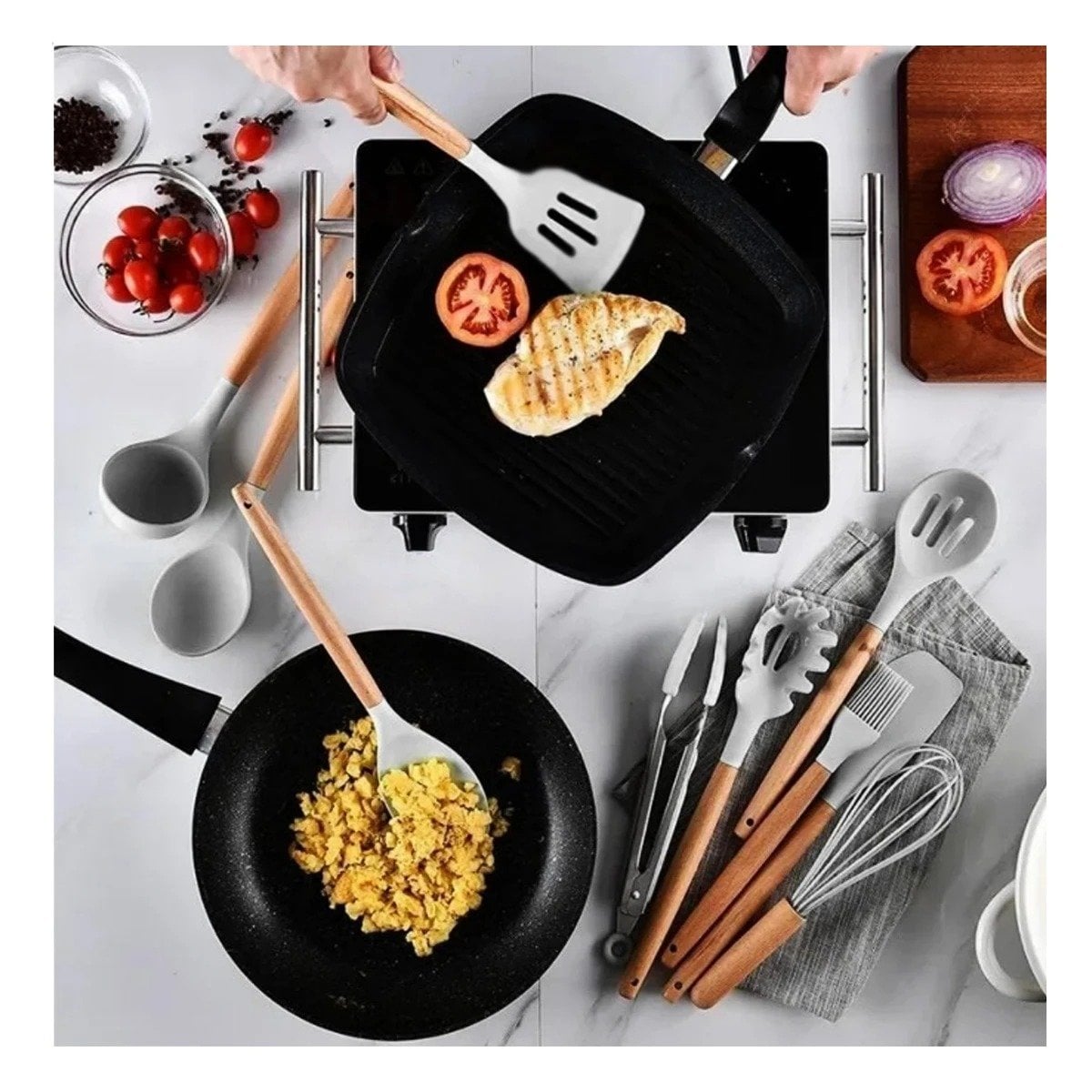PACK6 KIT 12 PIEZAS DE UTENSILIOS EN SILICONA COLOR GRIS PARA COCINA FUNCIONAL Y+PAPEL REGALO - 5