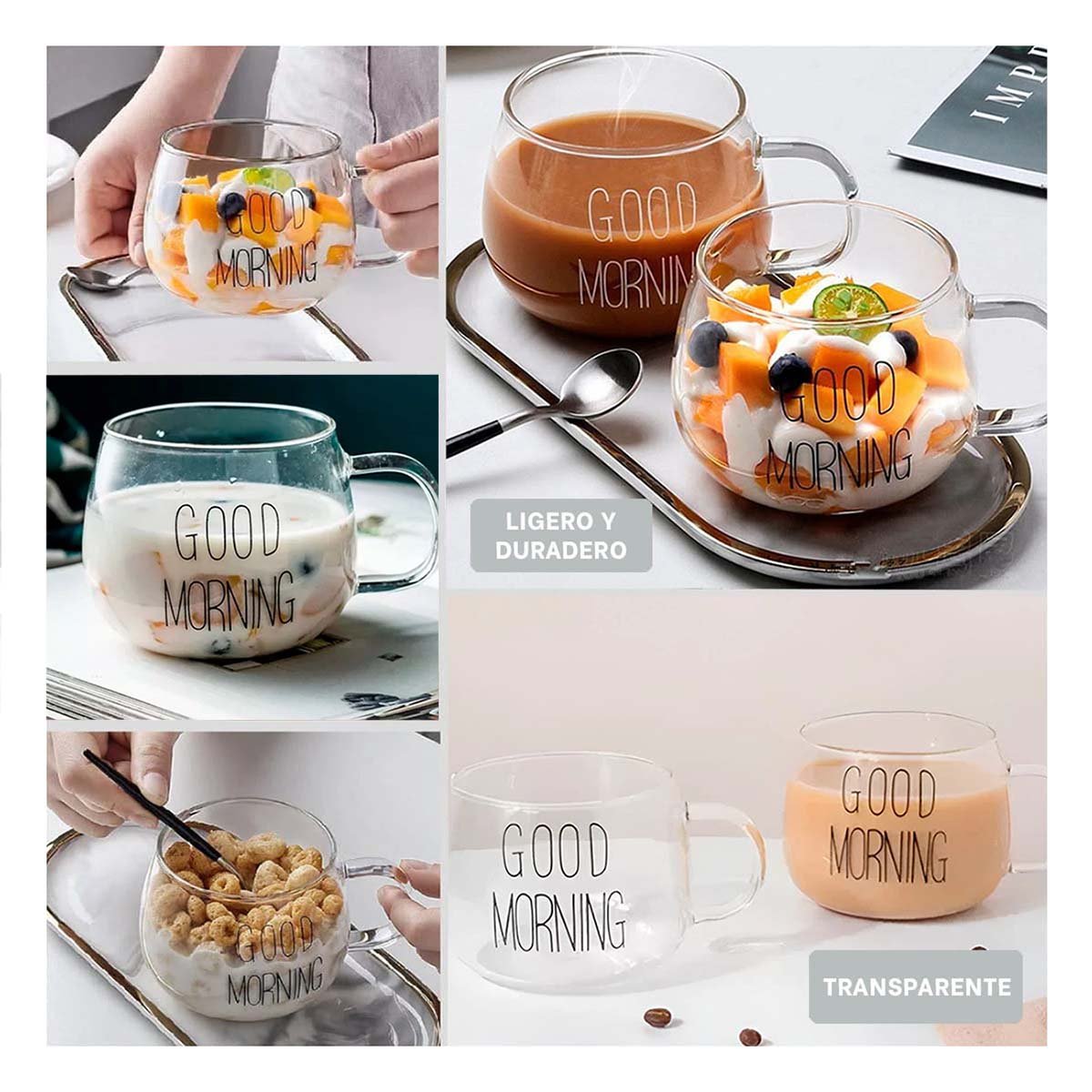 PACK6 VASO 350 ML DE VIDRIO EN COLOR TRANSPARENTE CON MENSAJE GOOD MORNING Y+PAPEL REGALO - 3
