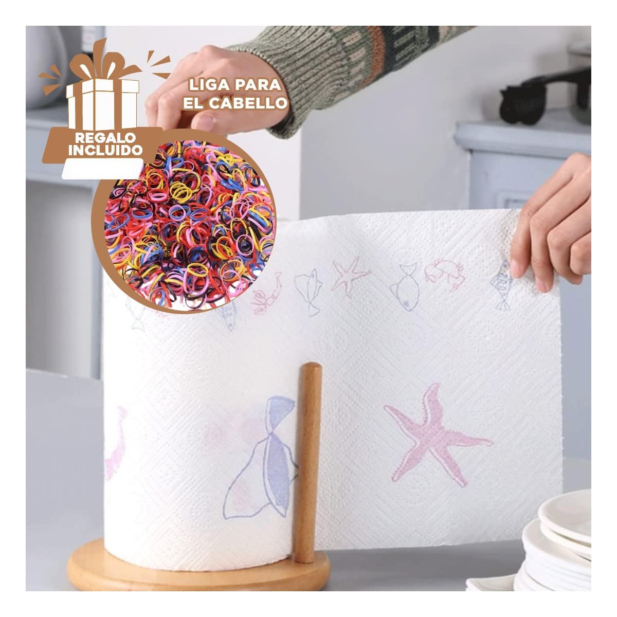 PORTAPAPEL BASE CIRCULAR CON CABECITA Y SOPORTE DOBLE PALO EN MADERA YLIGAS REGALO - 2