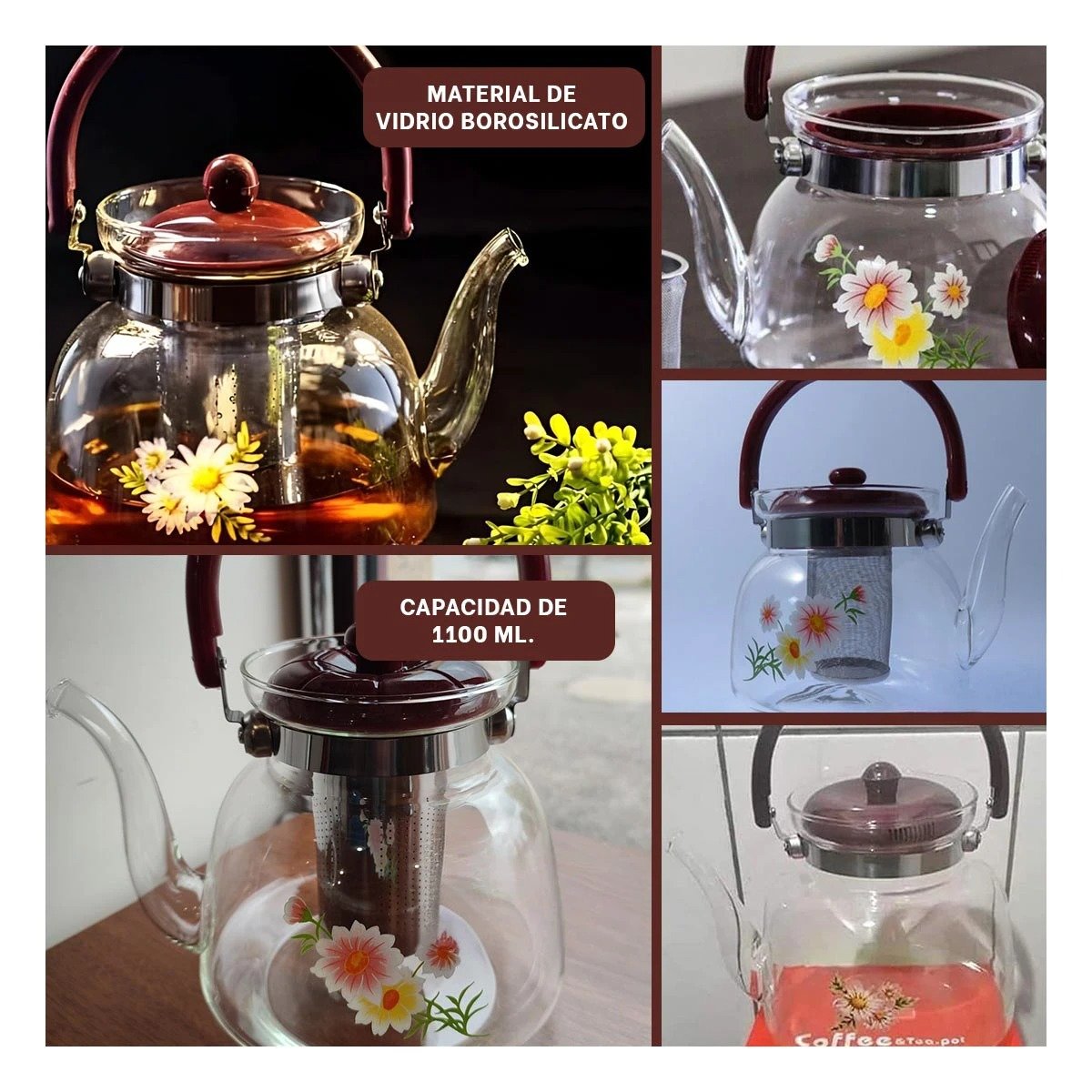 PACK6 TETERA 1100ML DE VIDRIO TRANSPARENTE CON TAPA GUINDA EN COMEDOR CLASICO Y+PAPEL REGALO - 3
