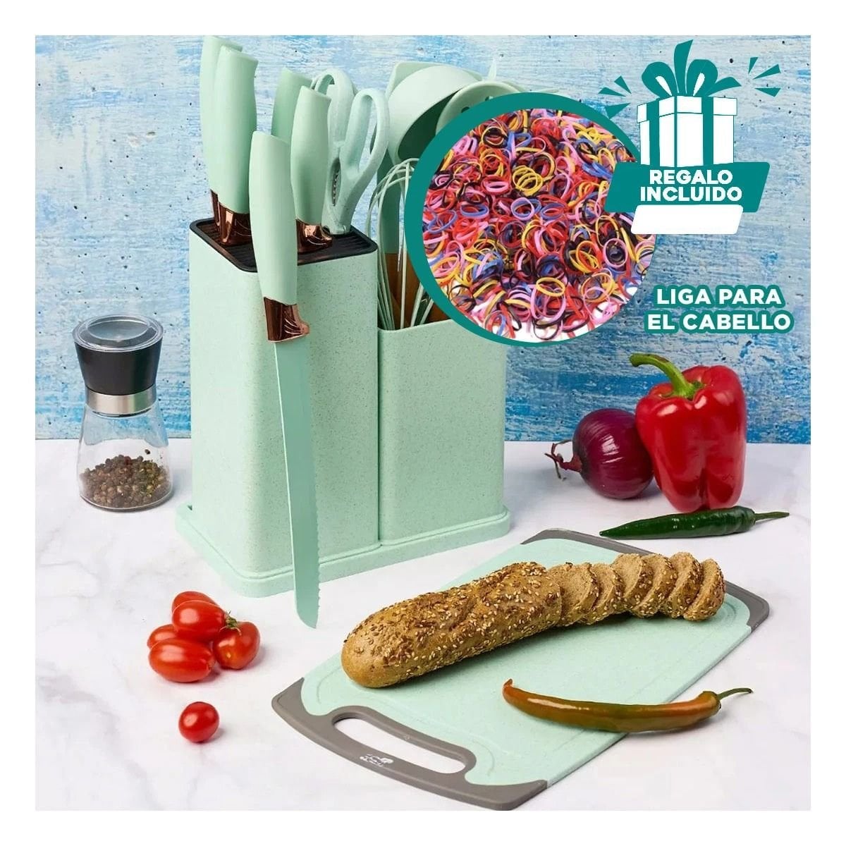 SET COCINA CON TABLA INCLUIDA 18 PIEZAS EN ACERO INOXIDABLE VERDE Y+LIGAS REGALO - 2