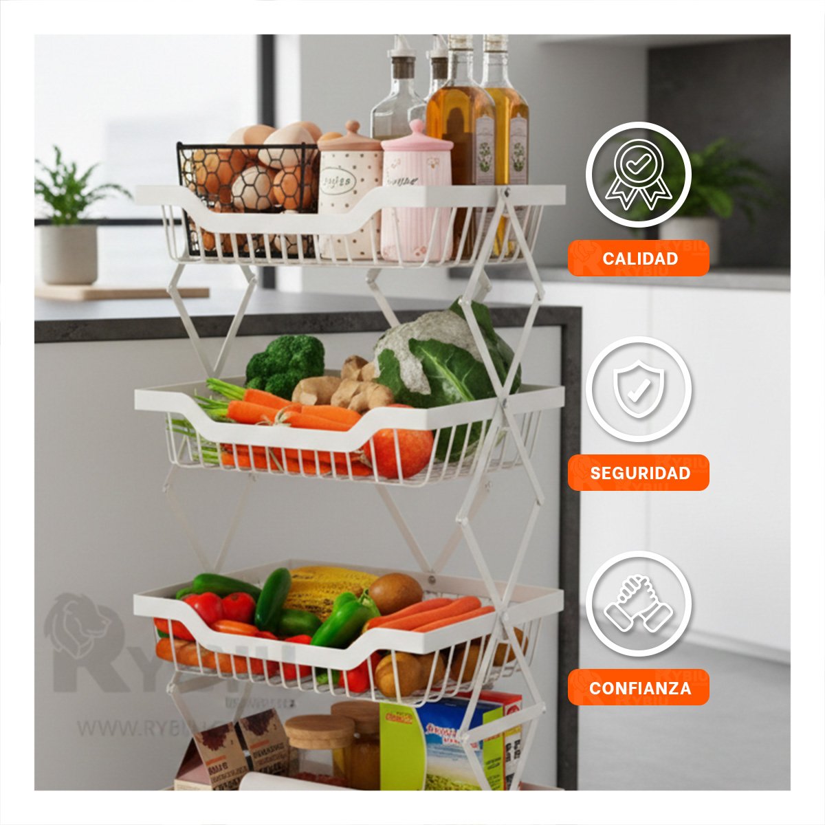 VERDULERO PLEGABLE CON ACERO CARBONADO 4 PISOS COLOR BLANCO PARA COCINA MODERNA Y+POST IT - 3