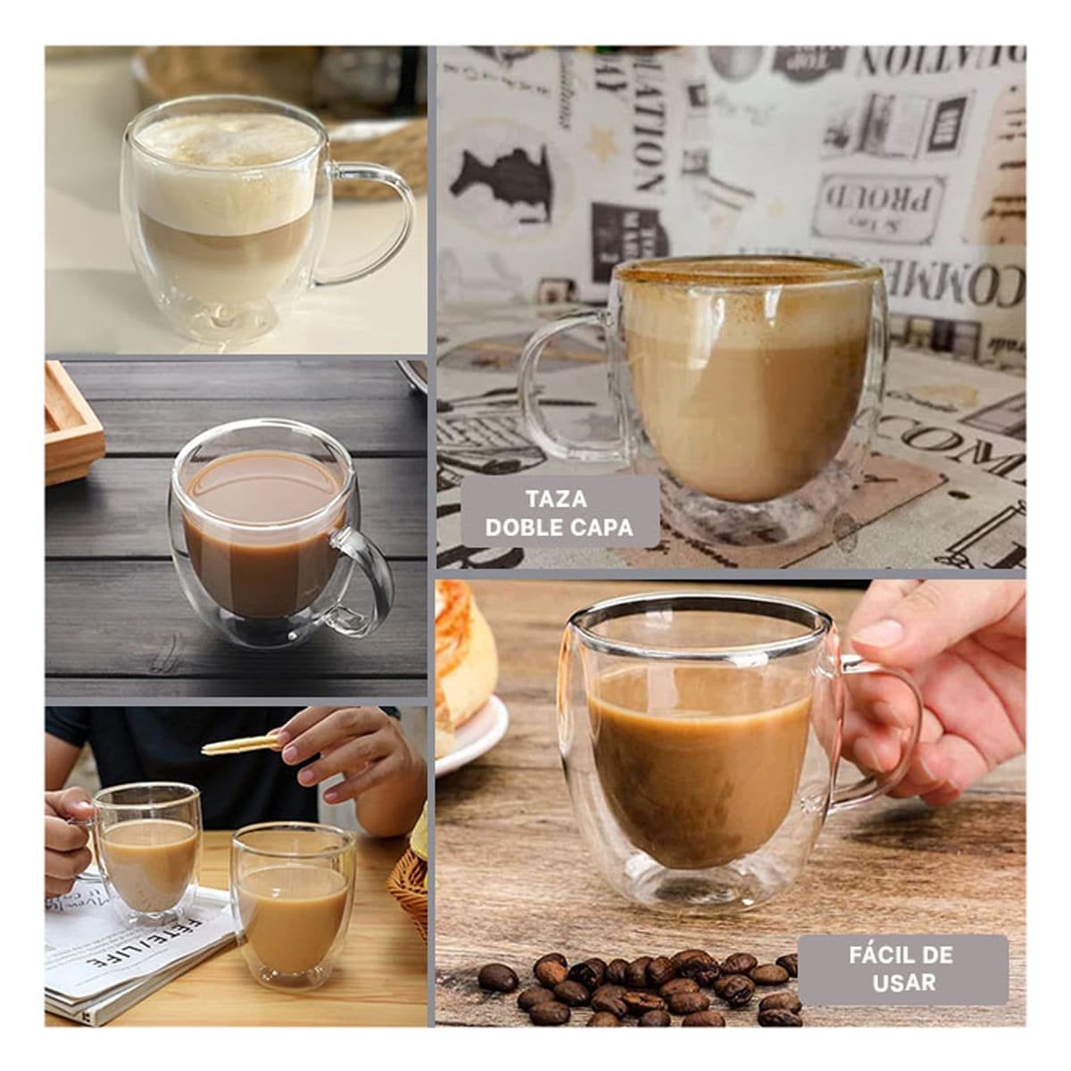 TAZA DOBLE CAPA 290 MILILITROS CON VIDRIO TRANSPARENTE TOQUE DECORATIVO Y+LIGAS REGALO - 1