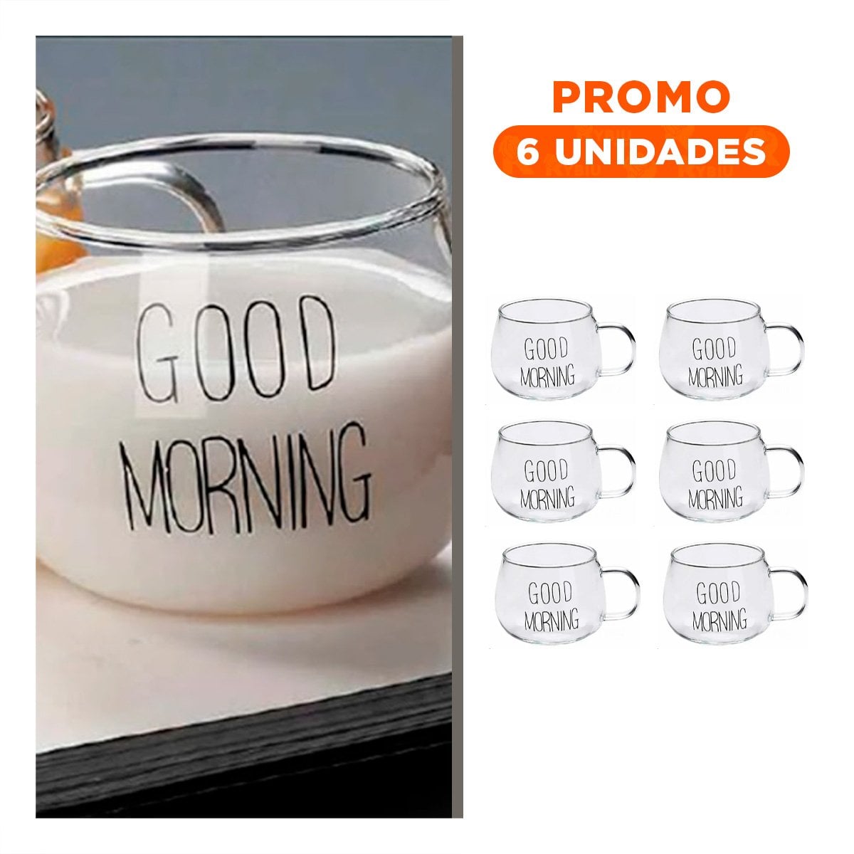 PACK6 VASO VIDRIO TRANSPARENTE 350 ML CON FRASE GOOD MORNING MODERNA Y+REGALO STICKER - 1