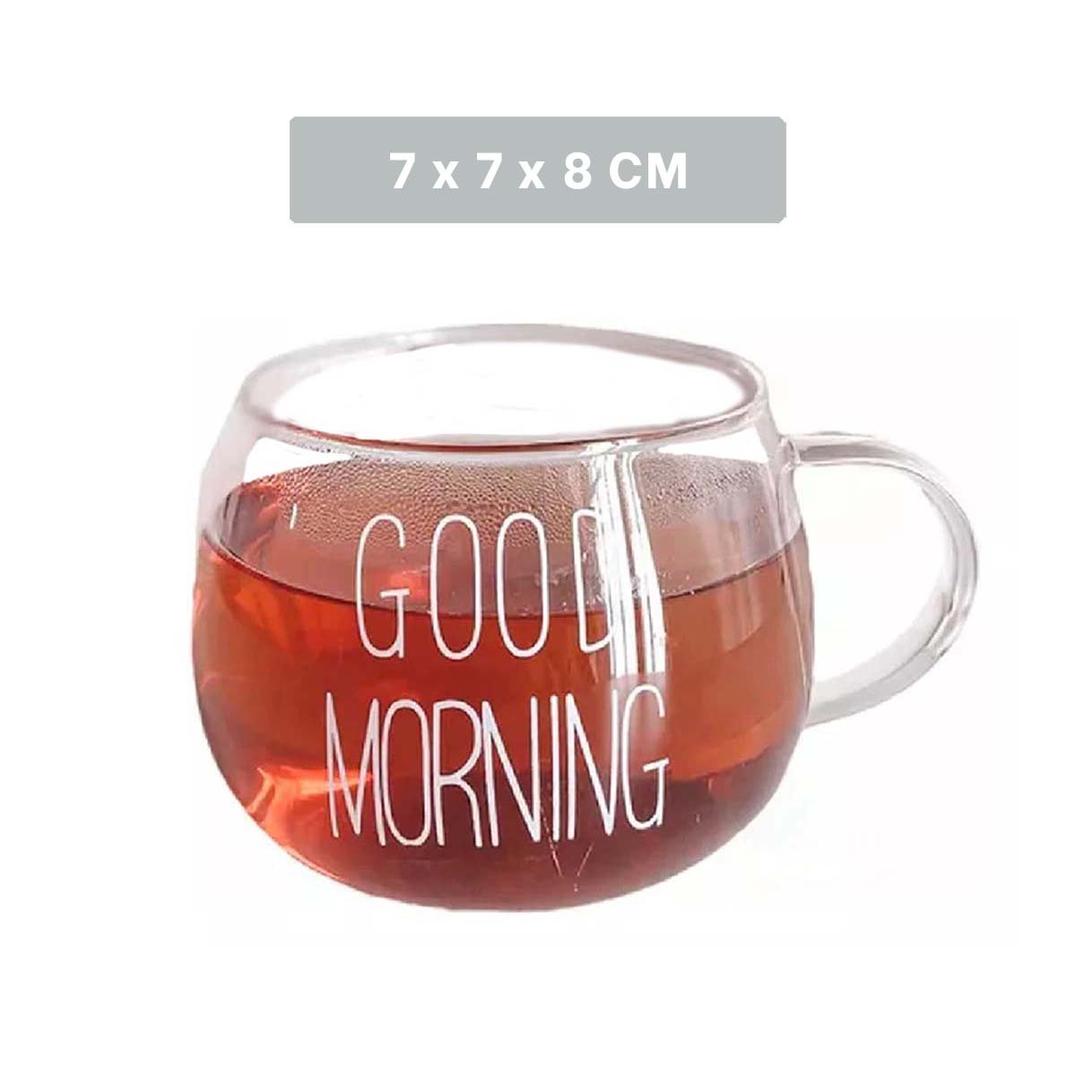 PACK6 VASO VIDRIO TRANSPARENTE 350 ML CON FRASE GOOD MORNING MODERNA Y+REGALO STICKER - 4