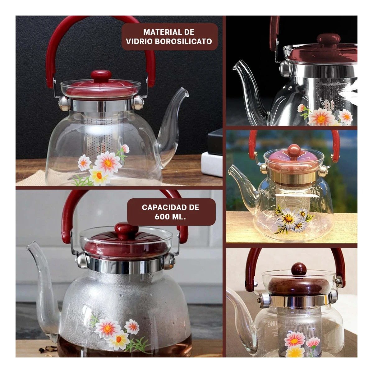 PACK6 TETERA 600ML DE VIDRIO TRANSPARENTE CON TAPA GUINDA EN COMEDOR CLASICO Y+PAPEL REGALO - 3