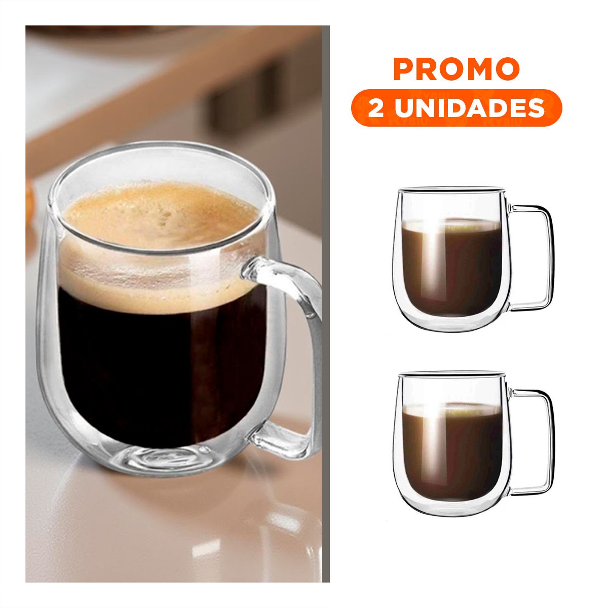PACK2 COPA DOBLE CAPA 100 ML ESPRESSO TRANSPARENTE CON ASA CUADRADA Y+REGALO STICKER - 1