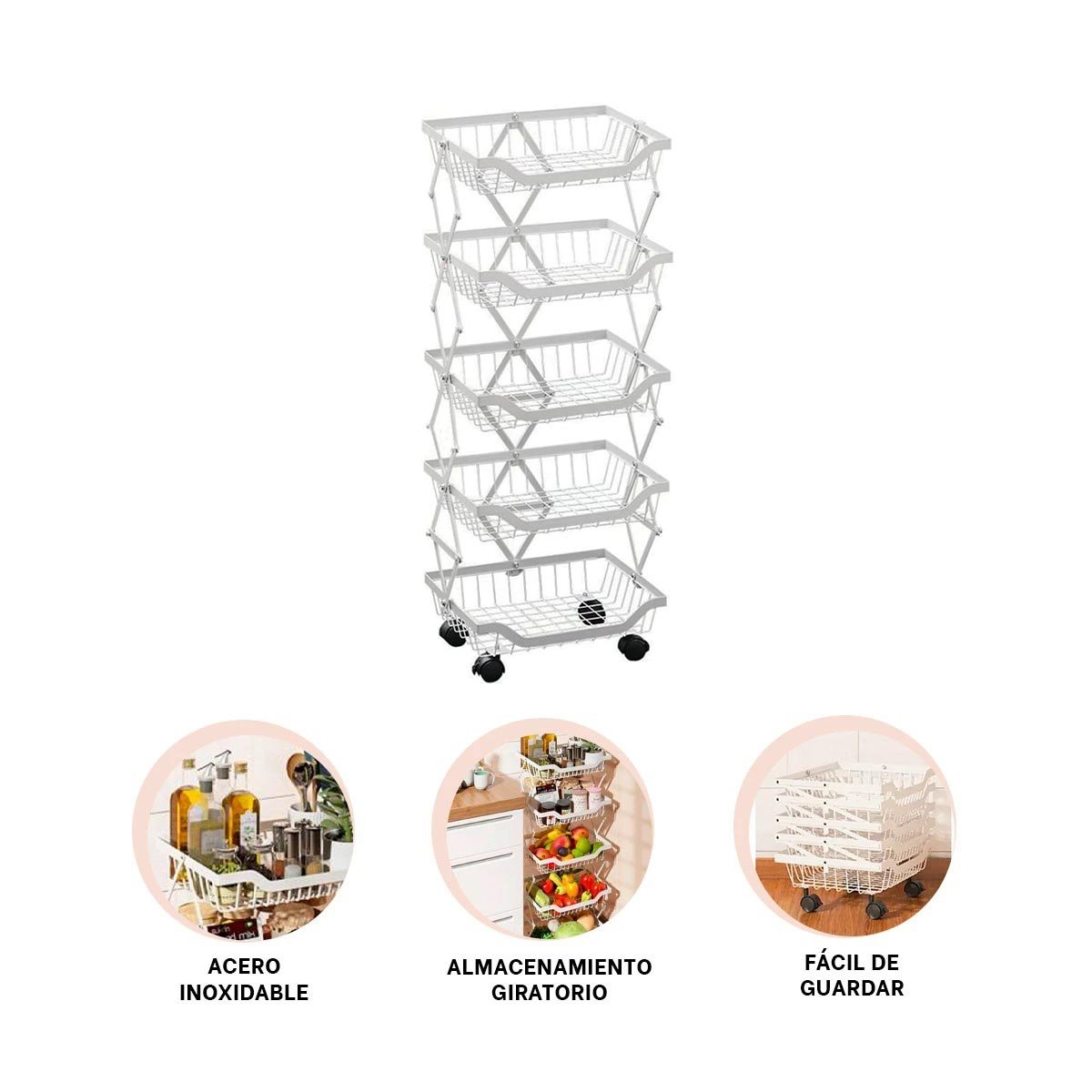 VERDULERO PLEGABLE CON ACERO INOXIDABLE 5 PISOS COLOR BLANCO PARA COCINA MODERNA Y+POST IT - 5