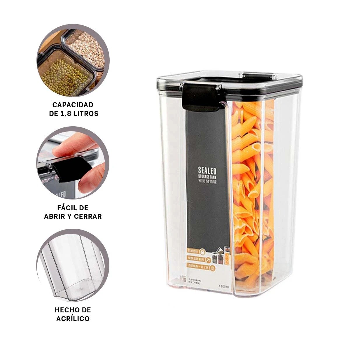 CONTENEDOR DE 24CM X 9CM X 9CM EN ACRILICO 1800 ML CON TAPA DE BORDE NEGRO Y+POST IT - 5