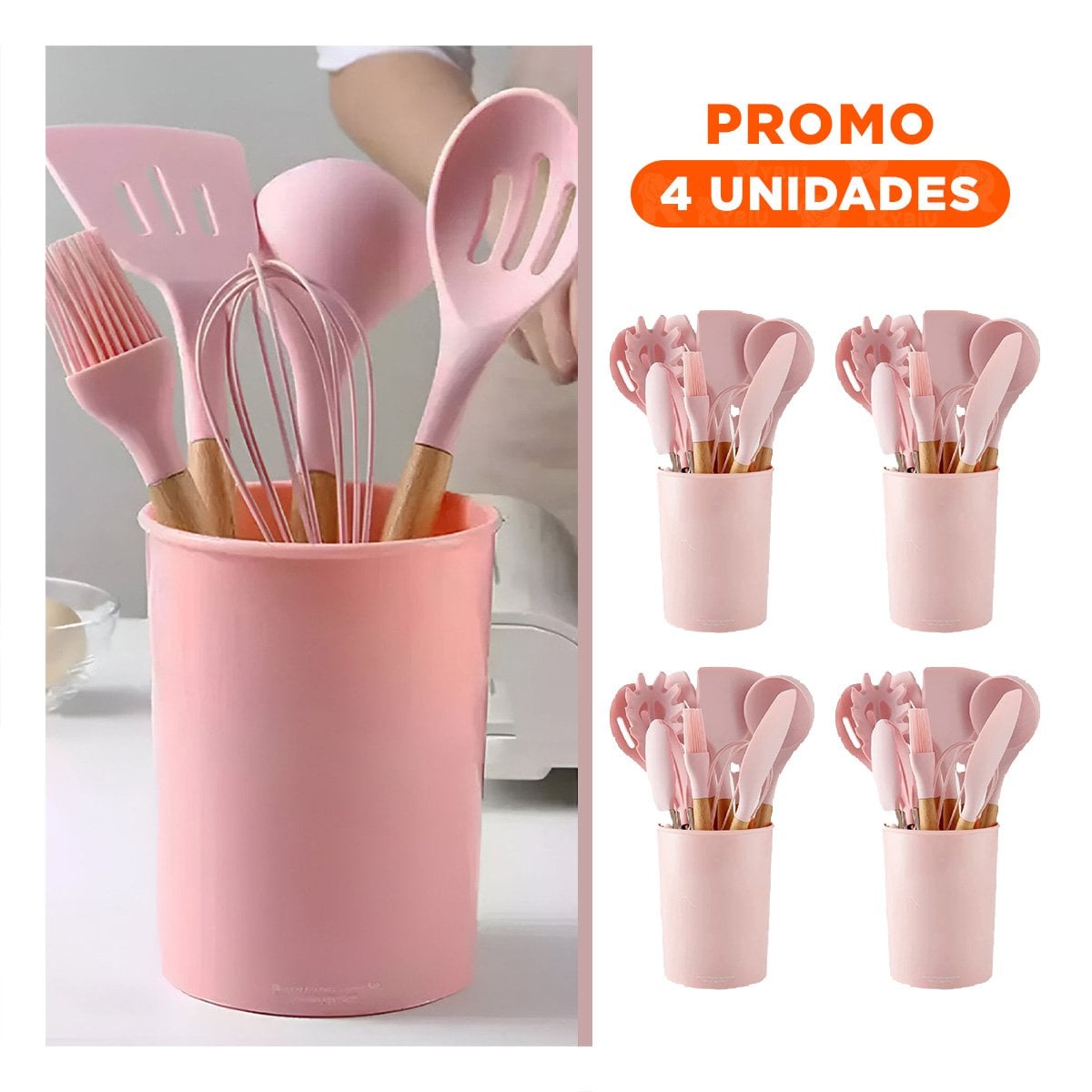 PACK4 CONJUNTO INTEGRAL COLOR ROSADO EN SILICONA CON 12 PIEZAS PARA PREPARACION - 1
