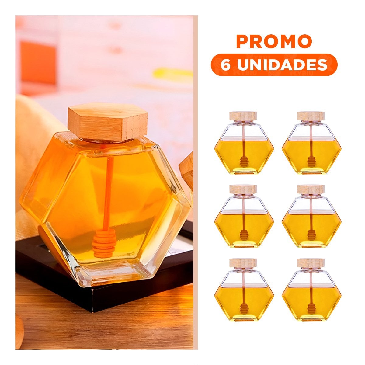 PACK6 ENVASE CON TAPA DE MADERA 380ML EN VIDRIO PARA ORGANIZAR MIEL Y+REGALO STICKER - 1
