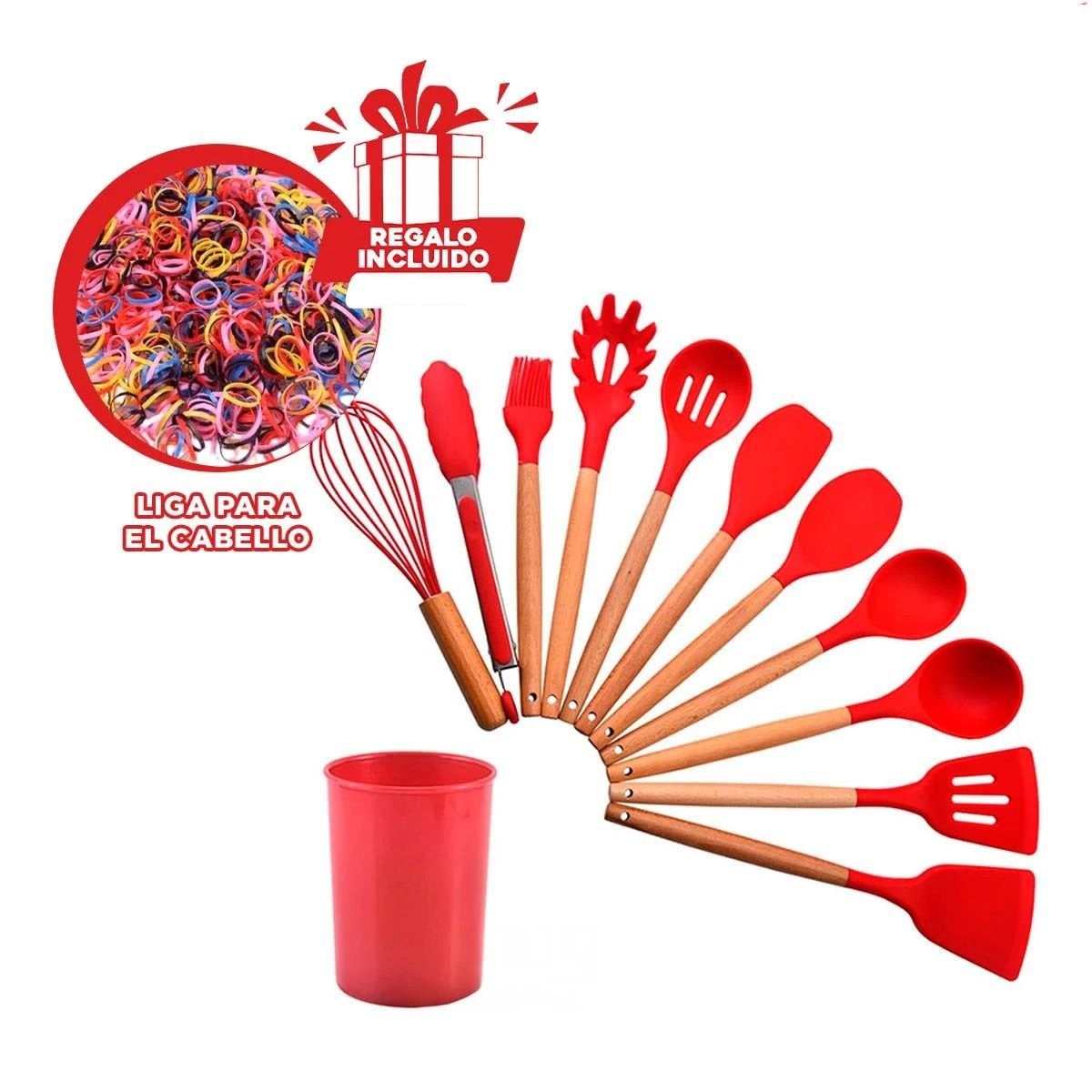 SET DE UTENSILIOS COLOR ROJO EN SILICONA CON 12 PIEZAS PARA COCINA FAMILIAR Y+LIGAS REGALO - 2