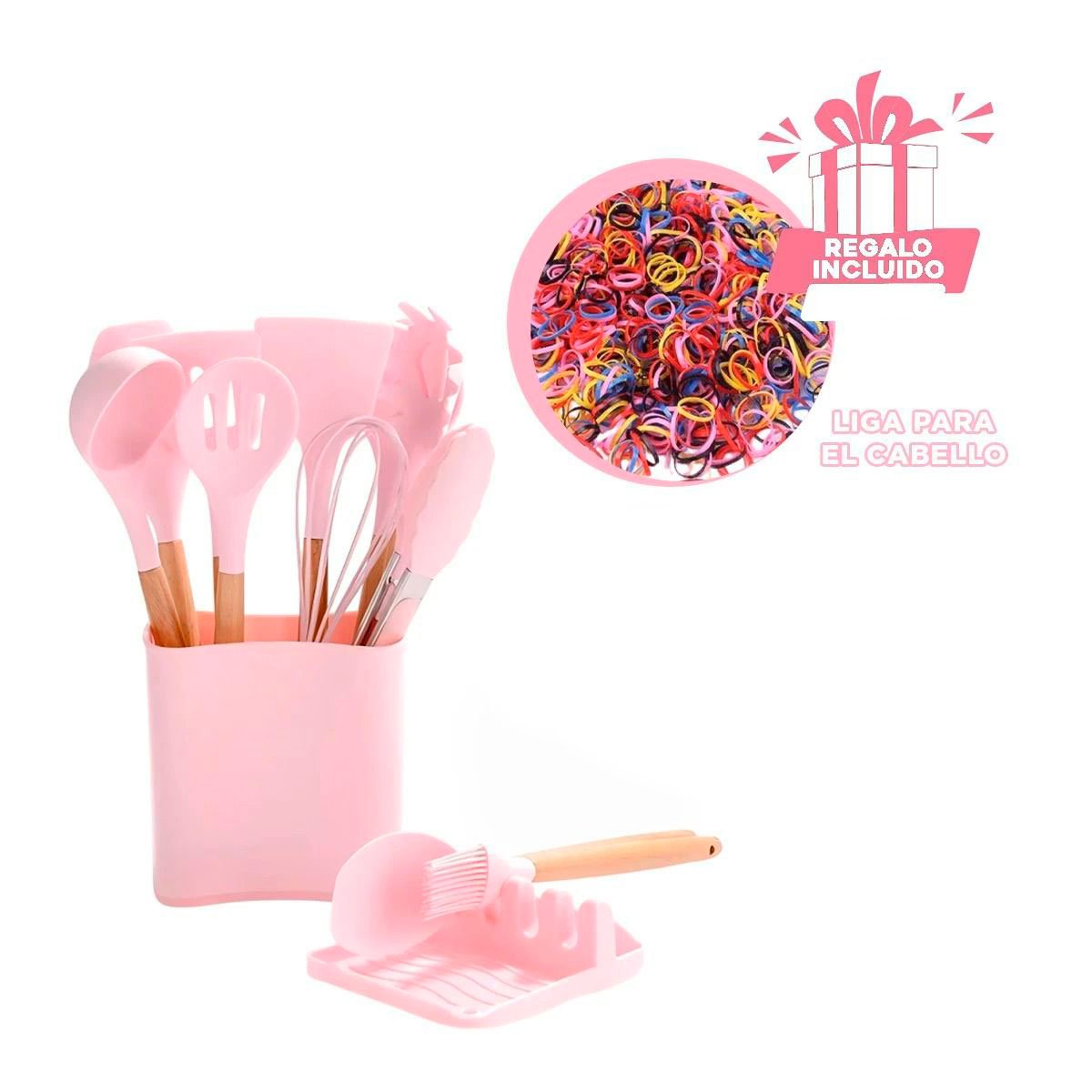 CUCHARONES DE COCINA DE COLOR ROSADO SILICONA SET DE 11 CON POSA CUCHARON Y+LIGAS REGALO - 2