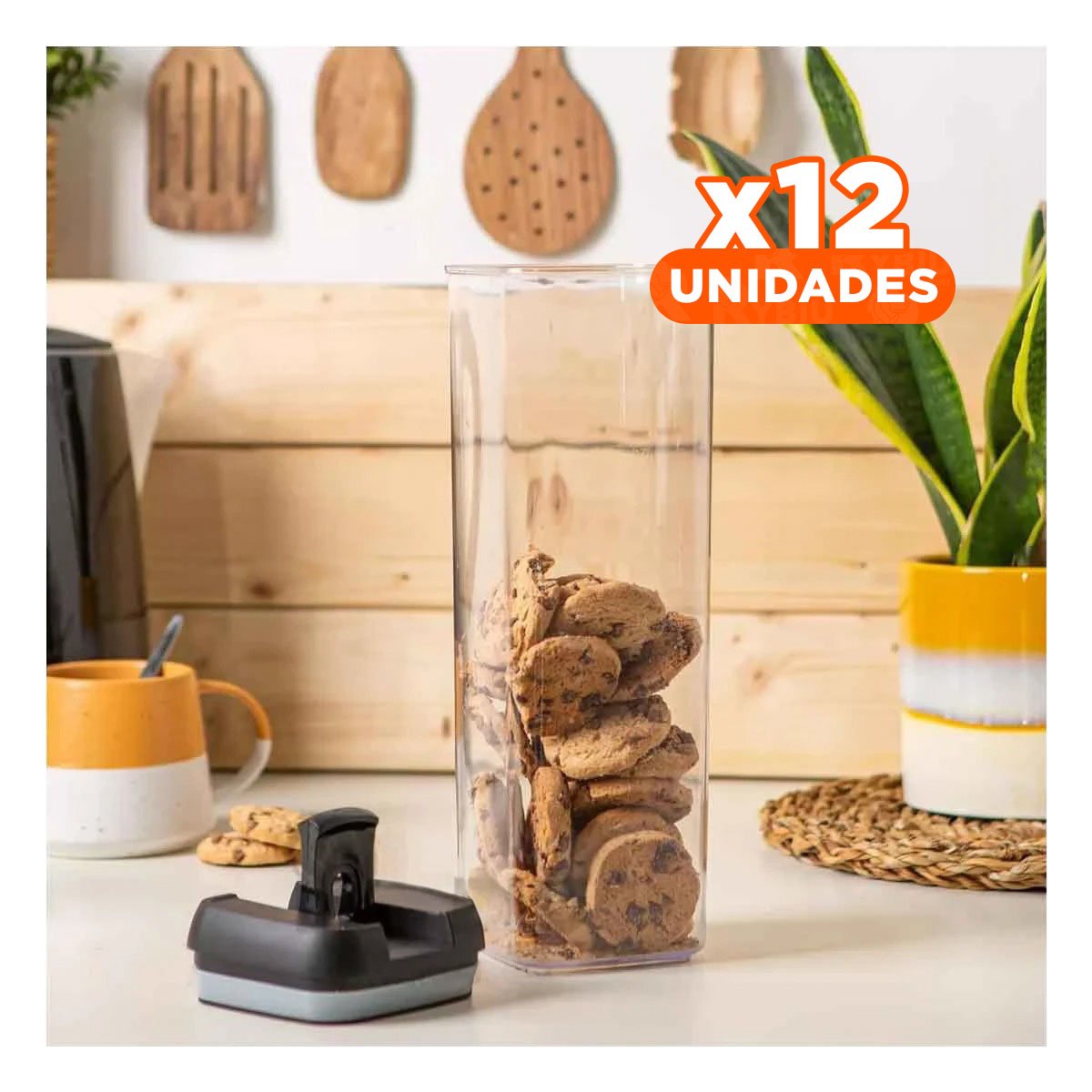 PACK12 CONTENEDOR HERMETICO MANTENER CEREALES TAPA PALANCA NEGRO 1900ML Y+REGALO STICKER - 1