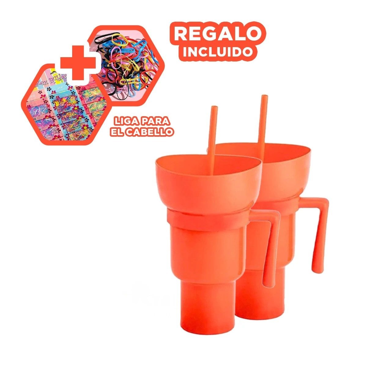 VASO 2 EN 1 PARA SNACKS Y BEBIDAS DE ABS ANARANJADO CON FORMA FUNCIONAL ACTUAL Y+LIGAS REGALO - 2