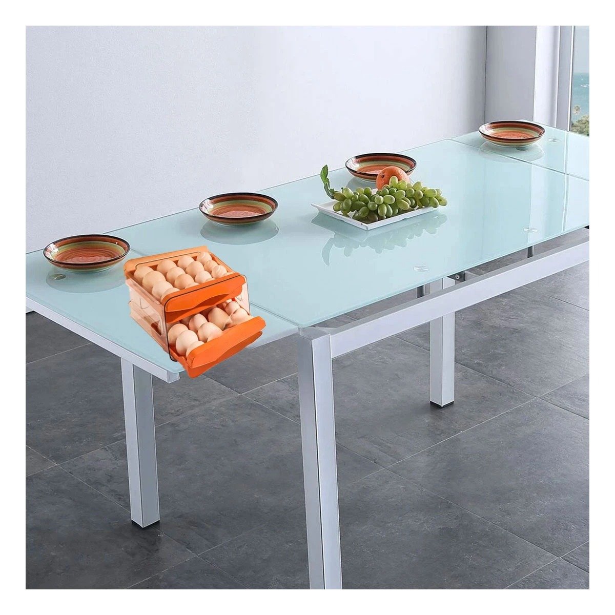 ORGANIZADOR DOBLE ACRILICO PARA HUEVOS EN COLOR ANARANJADO CON ACCESO DESLIZANTE FRONTAL - 1