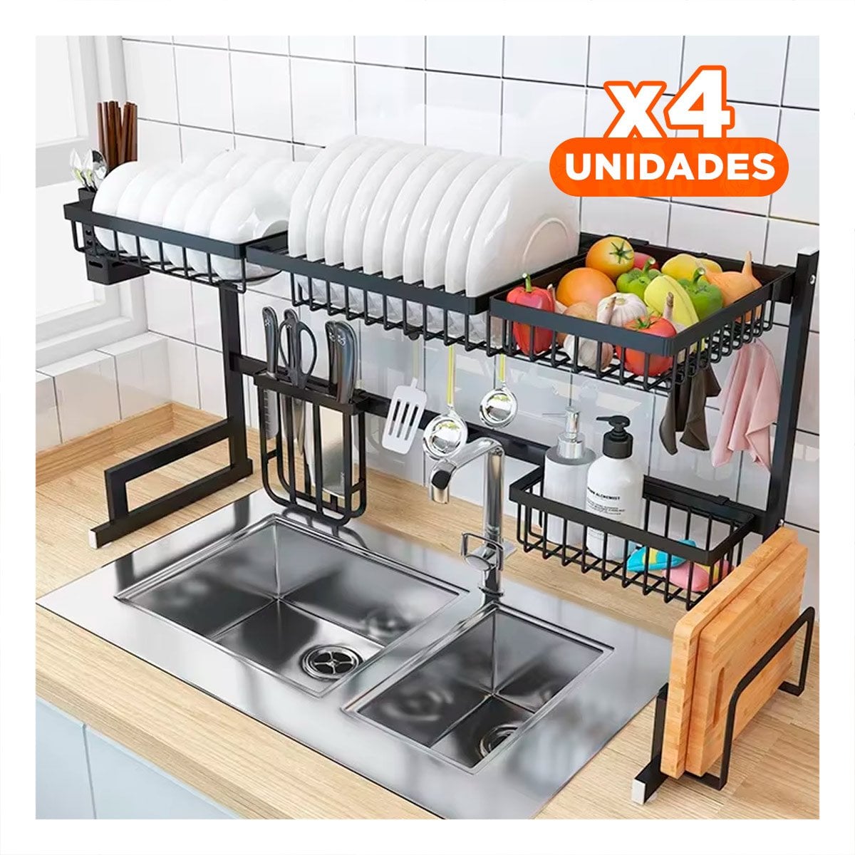 PACK4 ORGANIZADOR DE VAJILLA NEGRO 85CM DE ESTRUCTURA FIRME SOBRE BACHA Y+PAPEL REGALO - 1