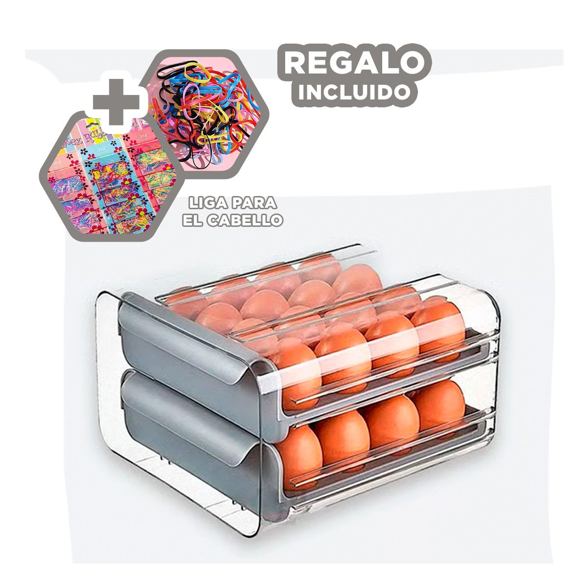 ORGANIZADOR DE COCINA EN DOBLE ACRILICO PARA HUEVOS CON ACABADO COLOR PLOMO Y+LIGAS REGALO - 2