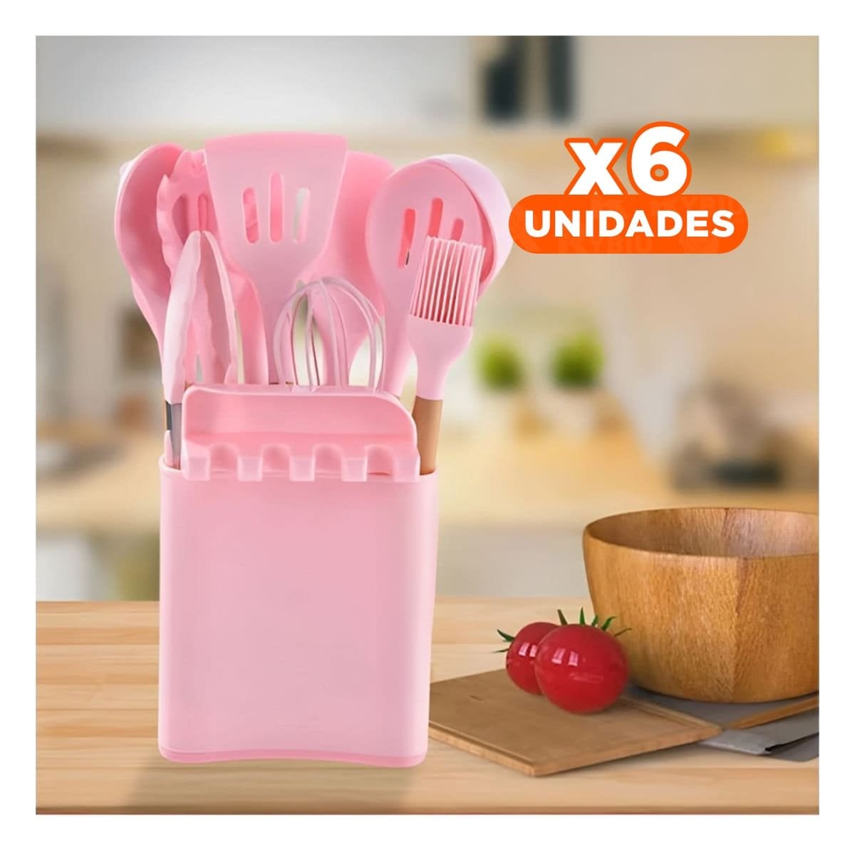 PACK6 SET DOMESTICO DE COLOR ROSADO 11 CUCHARONES EN SILICONA CON BASE Y+PAPEL REGALO - 1