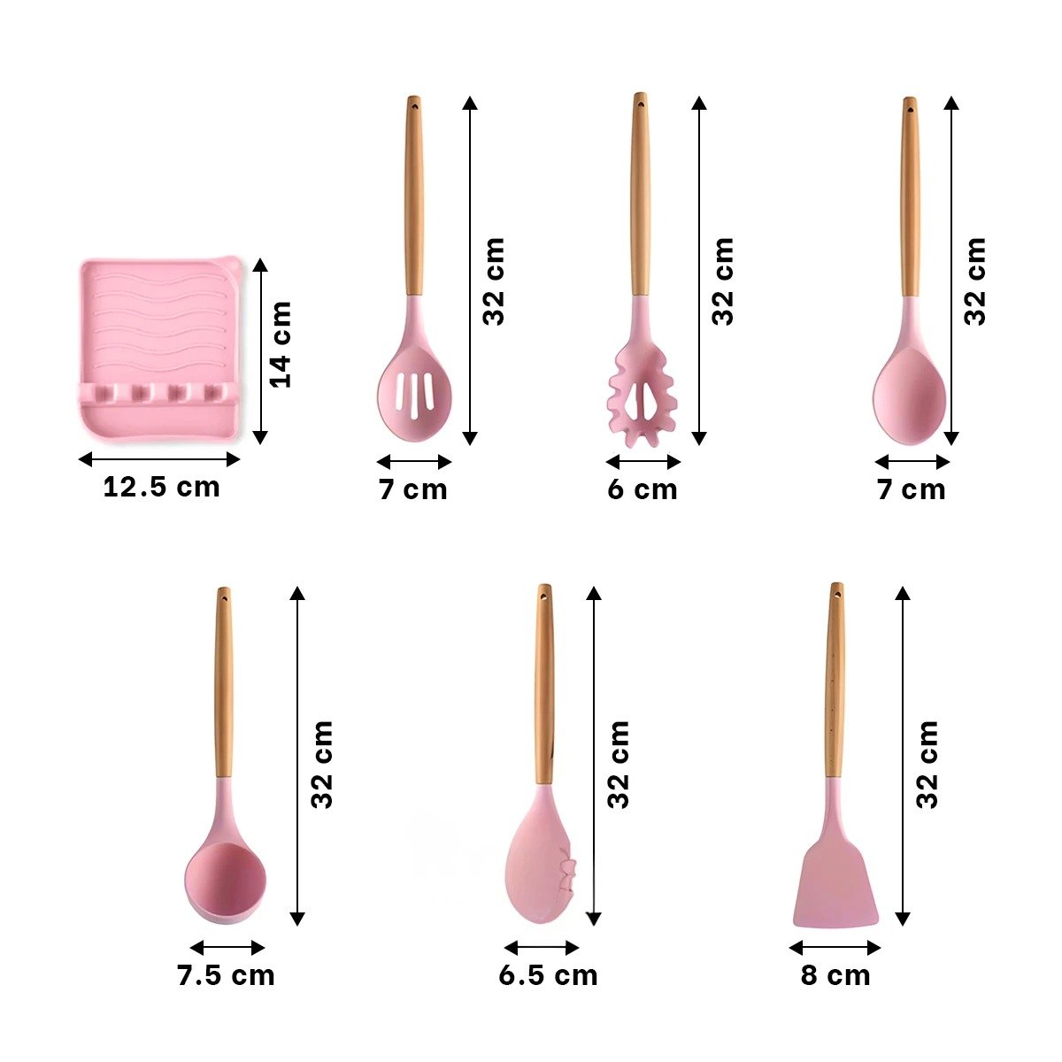 PACK6 SET DOMESTICO DE COLOR ROSADO 11 CUCHARONES EN SILICONA CON BASE Y+PAPEL REGALO - 4