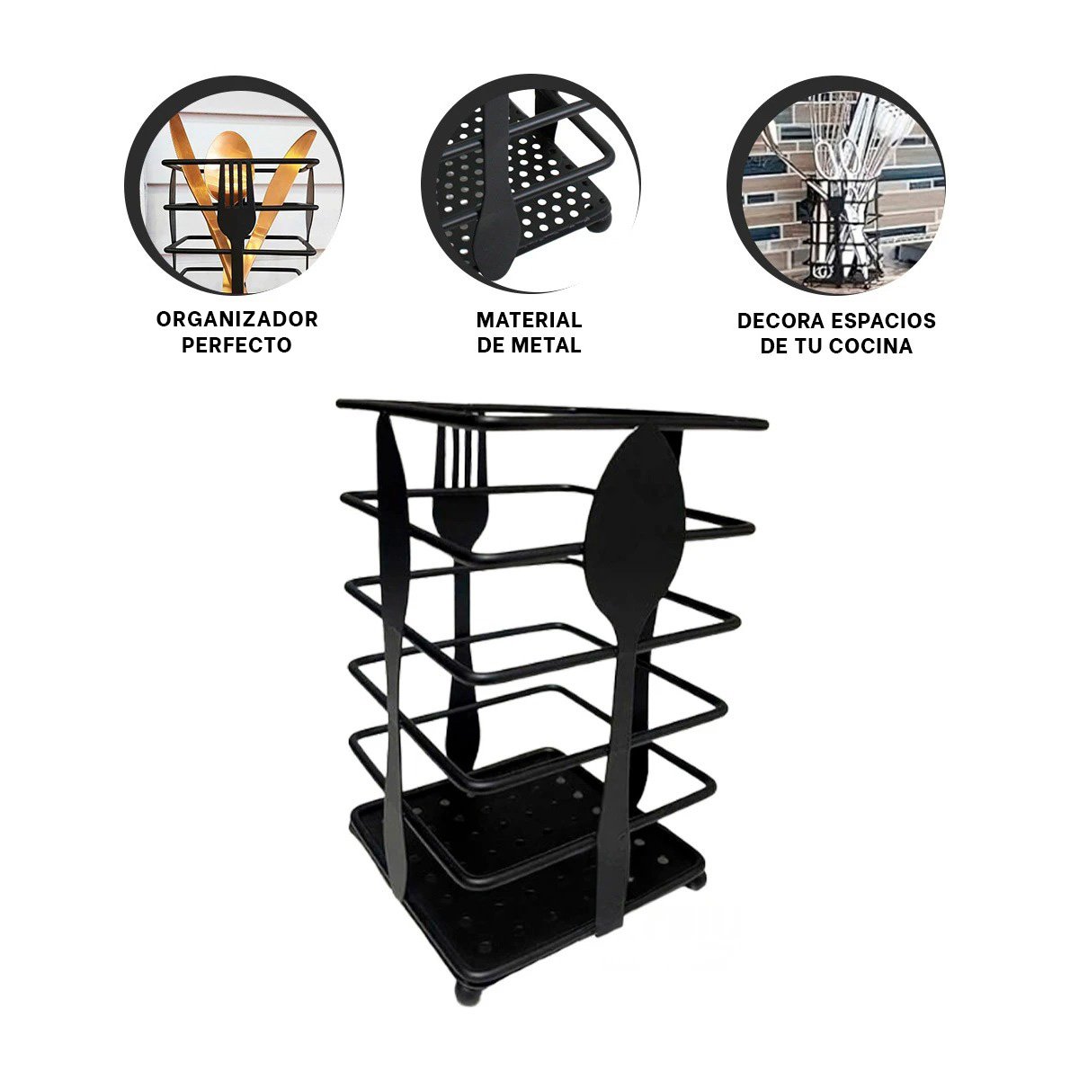 ORGANIZADOR RECTANGULAR PARA CUBIERTOS DE COCINA EN METAL COLOR NEGRO FUNCIONAL Y+PAPEL REGALO - 5