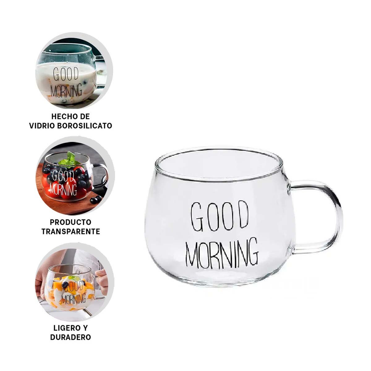 TAZA DE VIDRIO 350 ML CON FRASE GOOD MORNING EN TRANSPARENTE ELEGANTE Y+PAPEL REGALO - 5