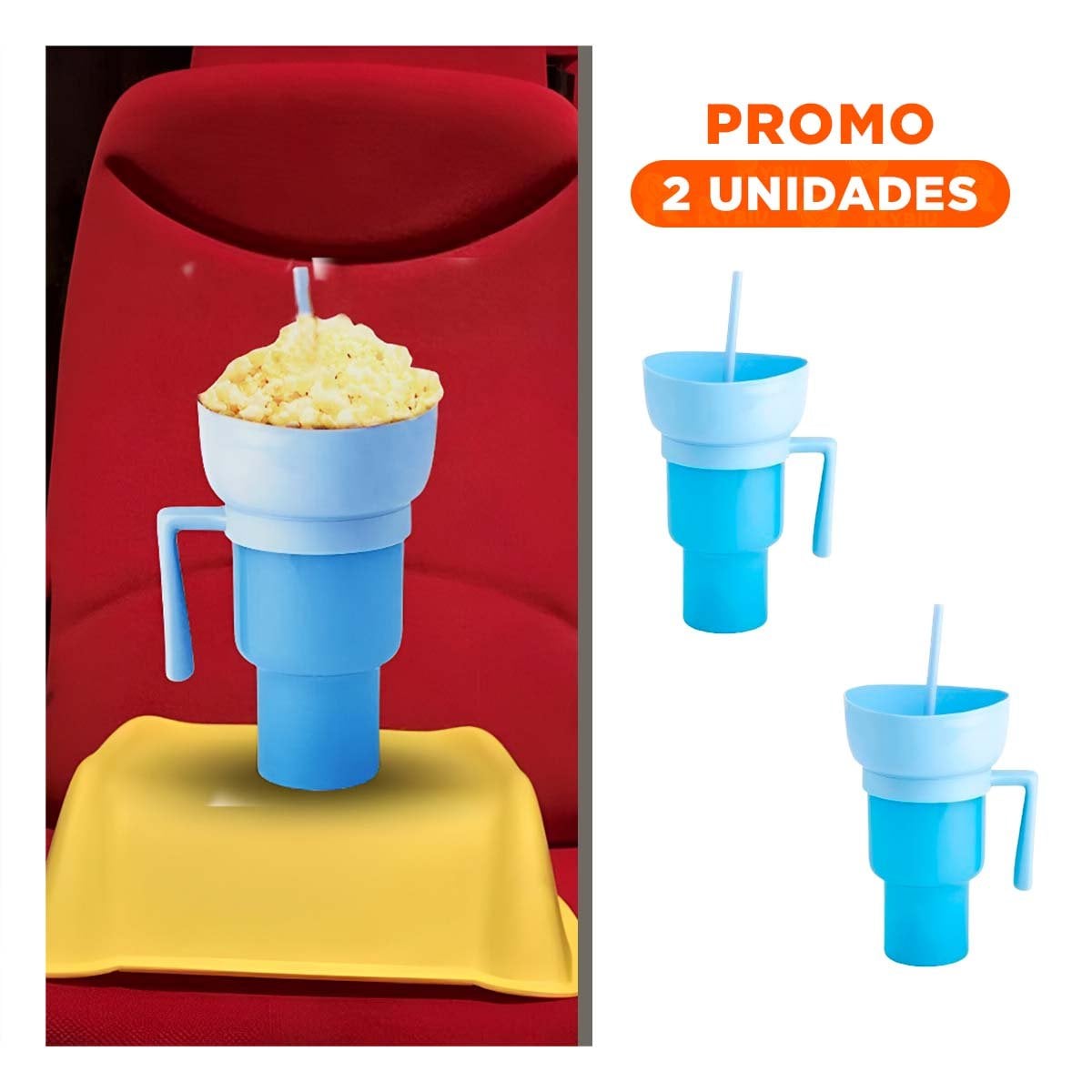 PACK2 CONTENEDOR 2 EN 1 PARA SNACKS Y BEBIDAS DE ABS COLOR CELESTE ACTUAL Y+REGALO STICKER - 1