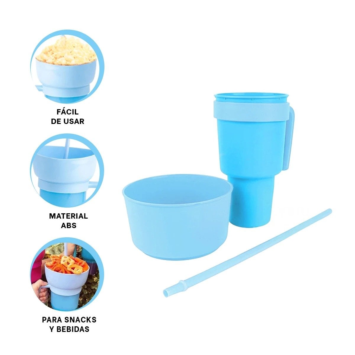 VASO 2 EN 1 CELESTE FABRICADO EN MATERIAL ABS PARA DISFRUTAR BEBIDAS Y SNACKS Y+PAPEL REGALO - 5