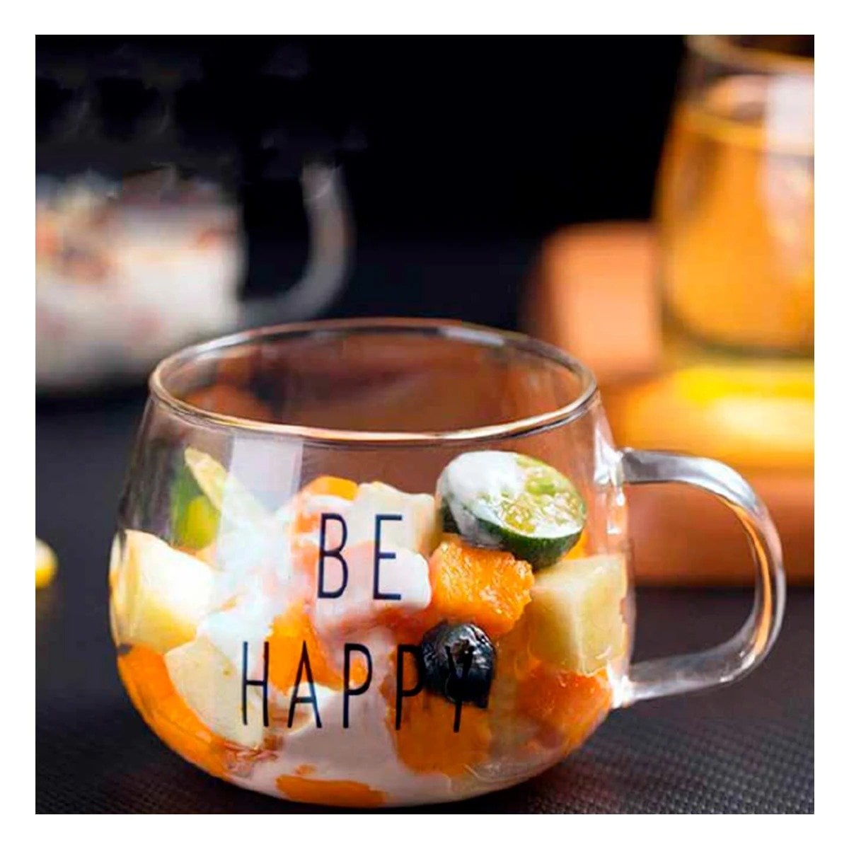 TAZA CON FRASE BE HAPPY EN VIDRIO TRANSPARENTE 350 ML MODERNA Y+POST IT - 1