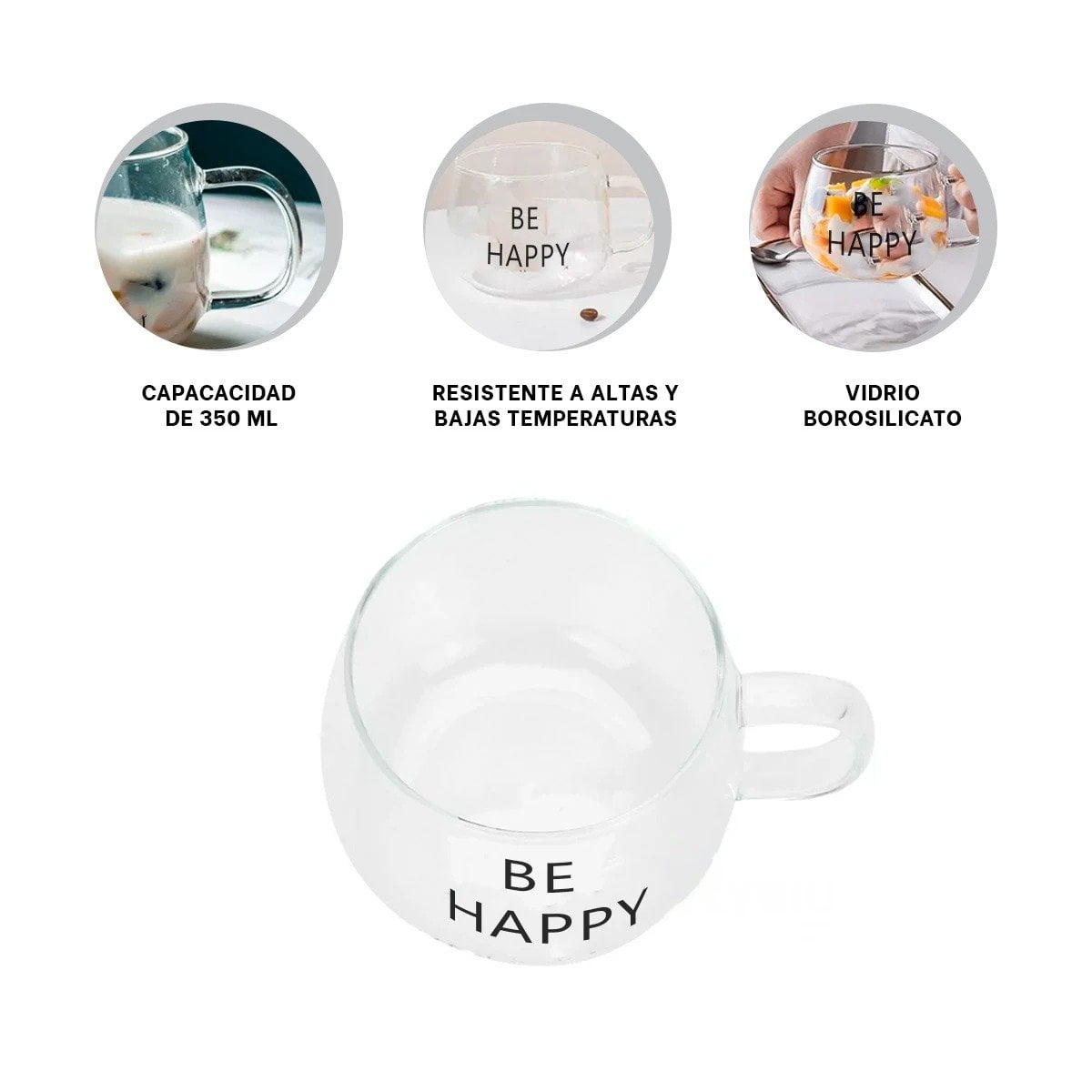TAZA CON FRASE BE HAPPY EN VIDRIO TRANSPARENTE 350 ML MODERNA Y+POST IT - 5