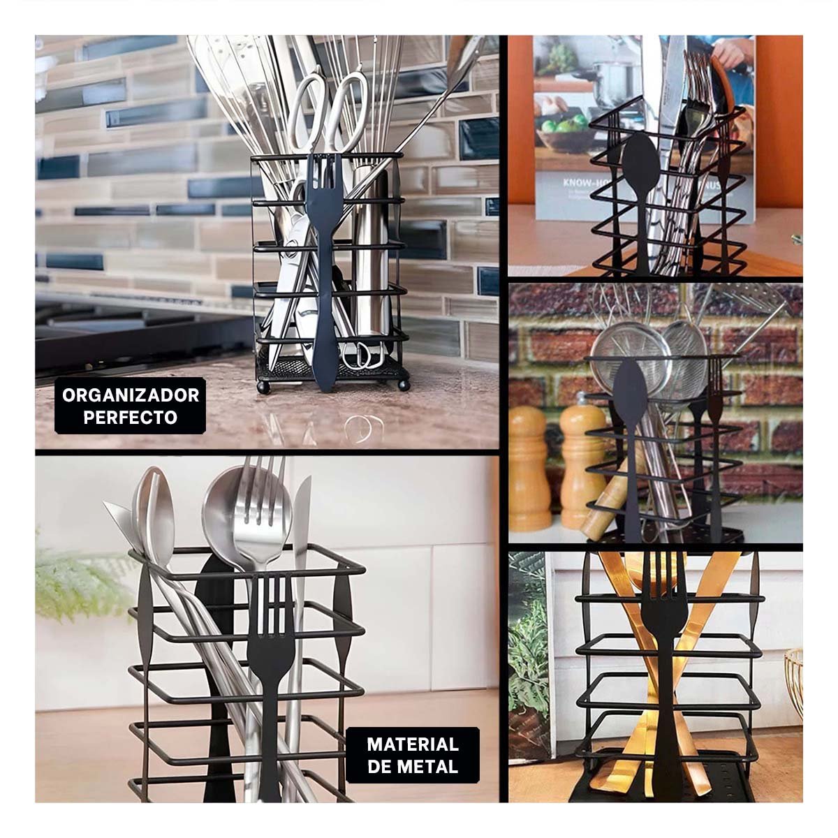 ORGANIZADOR DE CUBIERTOS RECTANGULAR DE METAL NEGRO PARA MESA Y COCINA MODERNA - 2