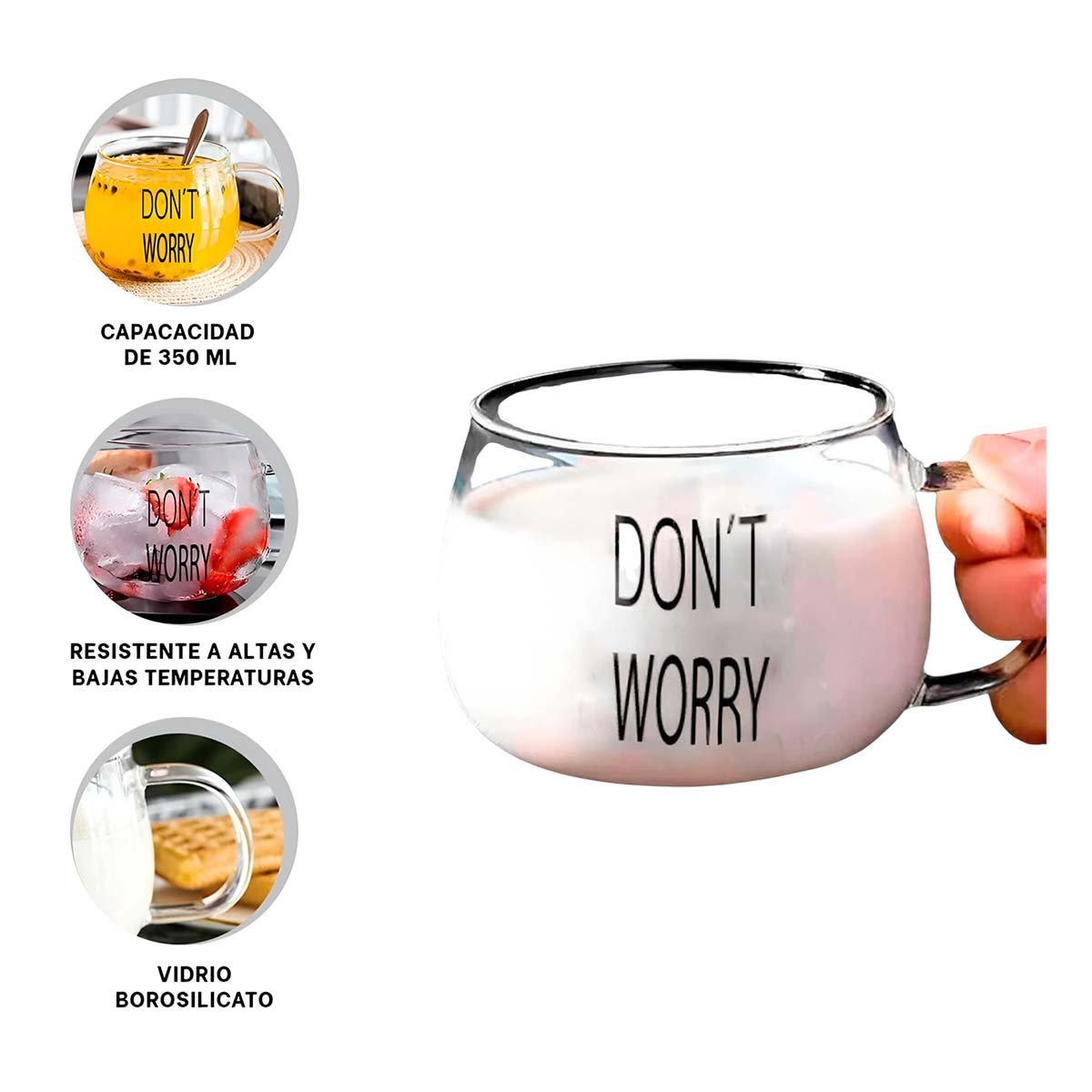 TAZA DE VIDRIO 350 ML CON FRASE DONT WORRY EN TRANSPARENTE ELEGANTE Y+PAPEL REGALO - 5