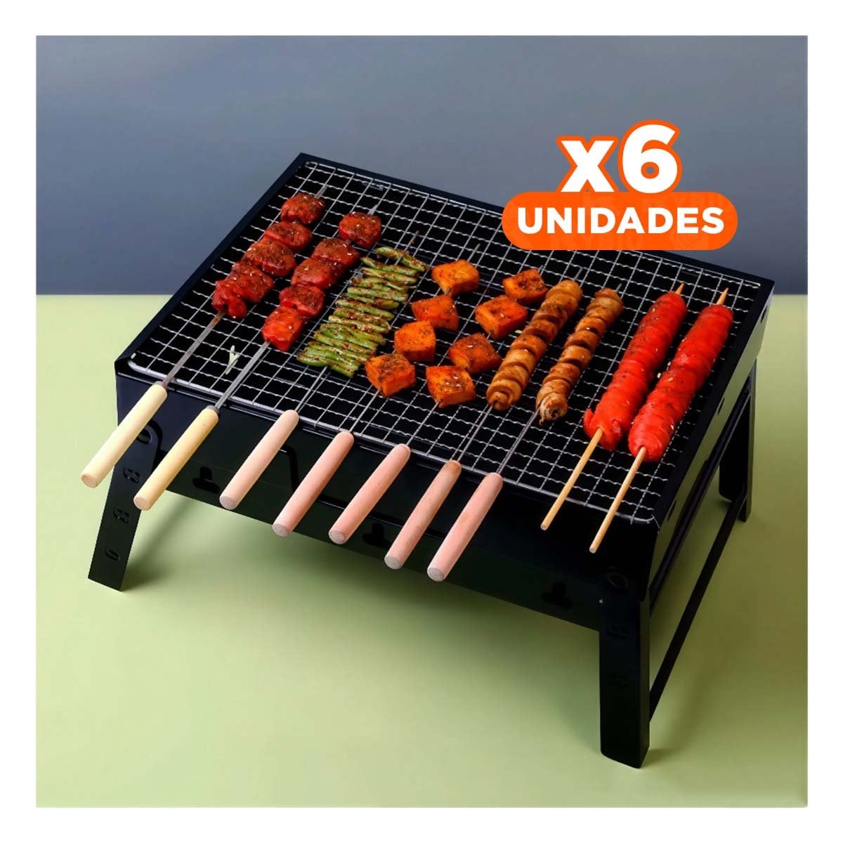 PACK6 ASADOR MINI PORTATIL A CARBON CON CUERPO DE METAL EN COLOR RESISTENTE Y+PAPEL REGALO - 1
